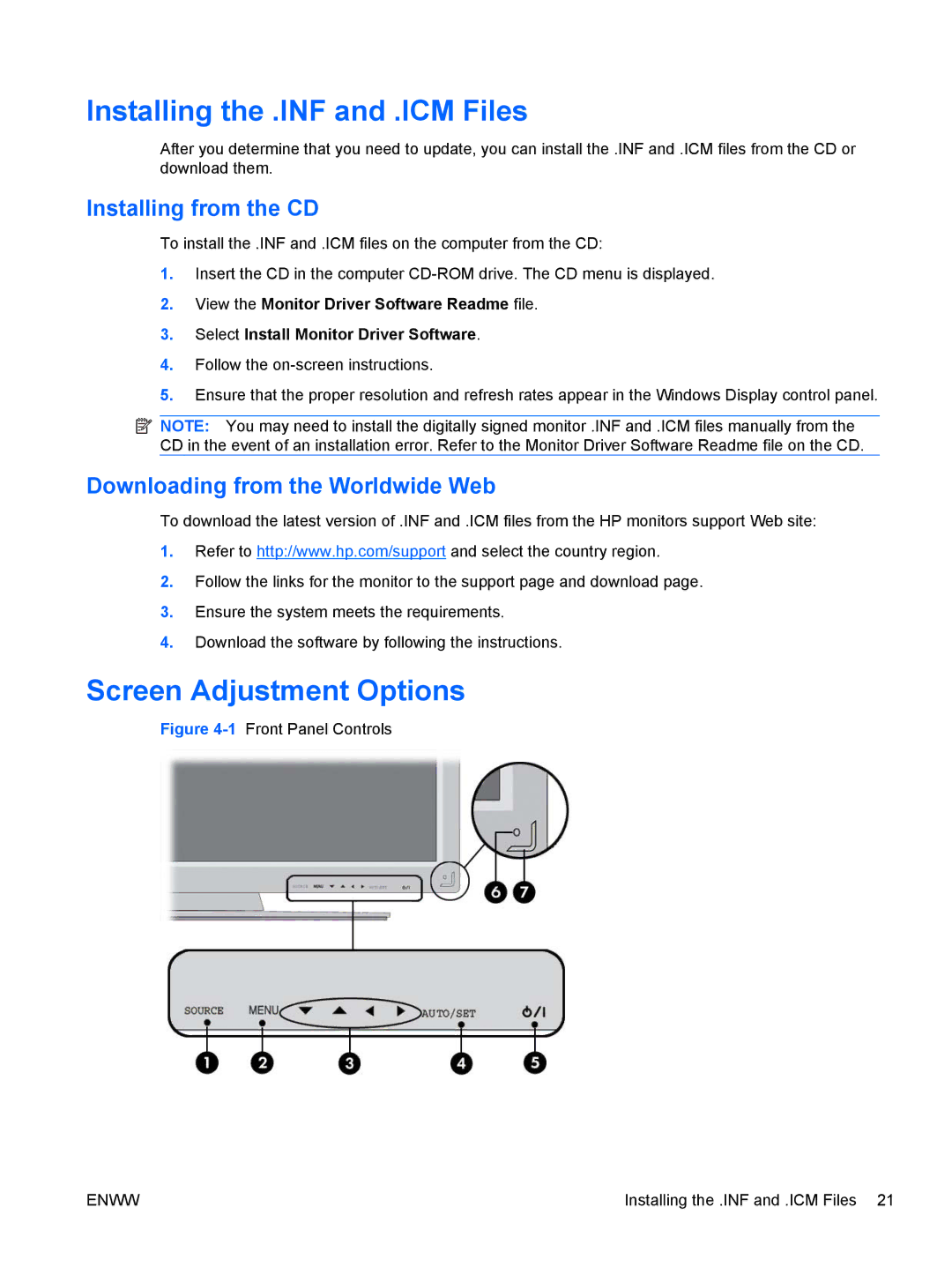 HP LD4700, LD4200 manual Installing the .INF and .ICM Files, Screen Adjustment Options, Installing from the CD 