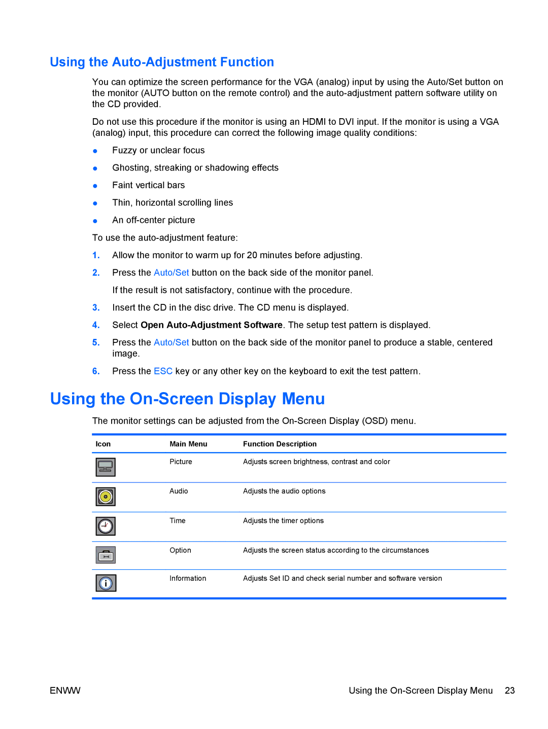 HP LD4700 manual Using the On-Screen Display Menu, Using the Auto-Adjustment Function, Icon Main Menu Function Description 