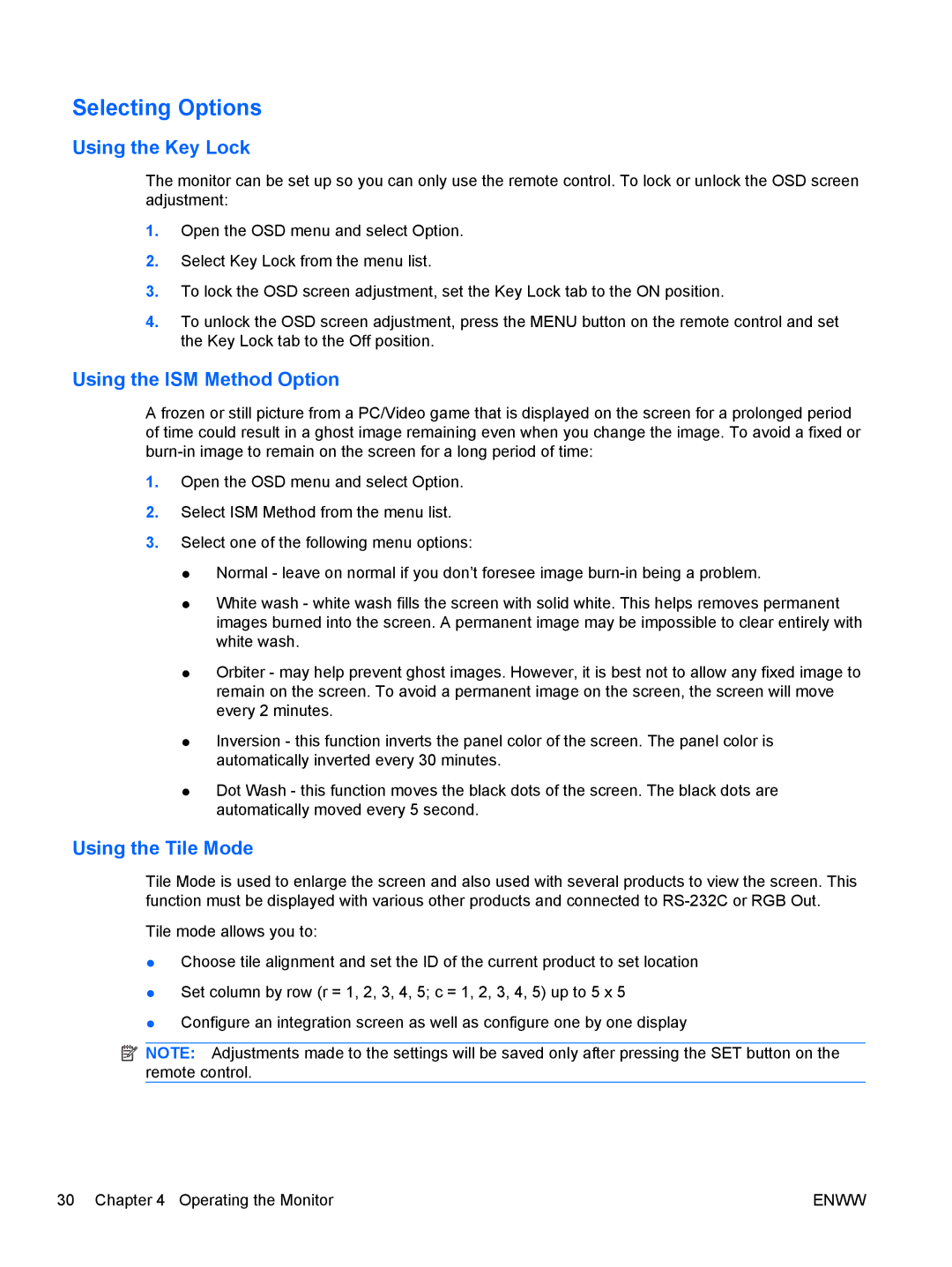 HP LD4200, LD4700 manual Selecting Options, Using the Key Lock 