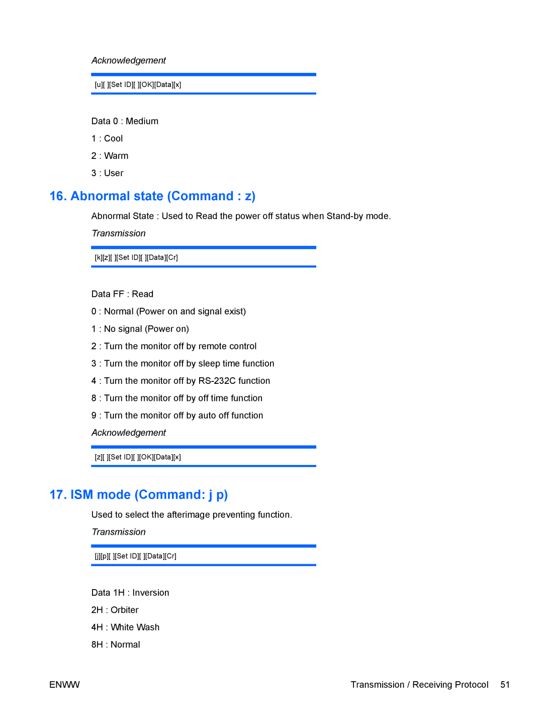 HP LD4700, LD4200 manual Abnormal state Command z, ISM mode Command j p 