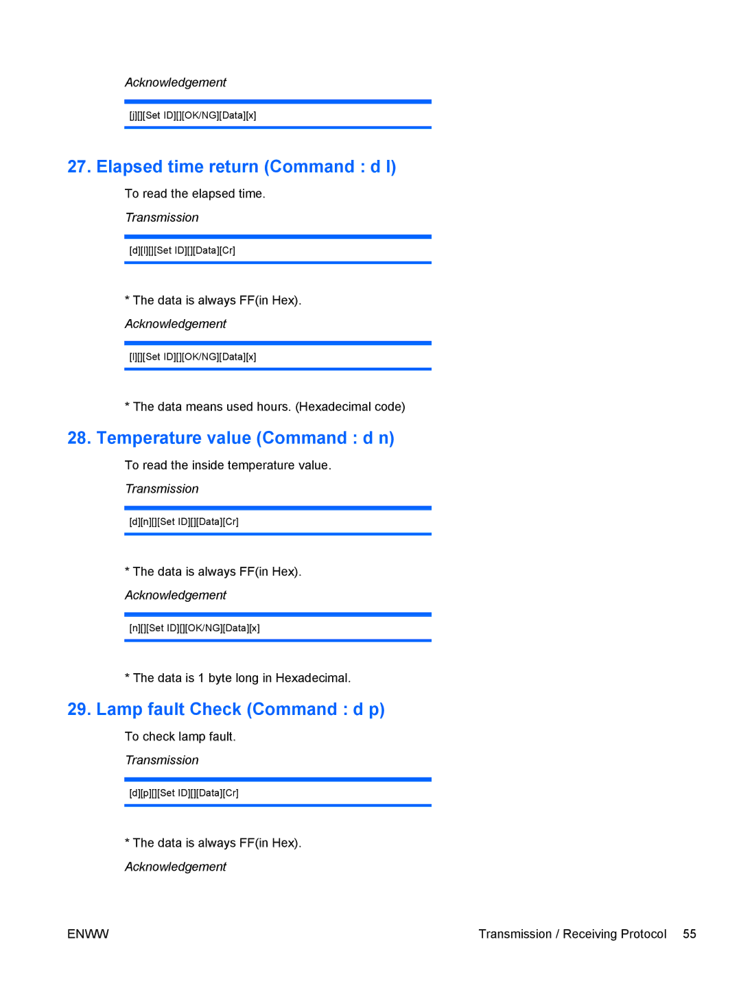 HP LD4700, LD4200 manual Elapsed time return Command d l, Temperature value Command d n, Lamp fault Check Command d p 