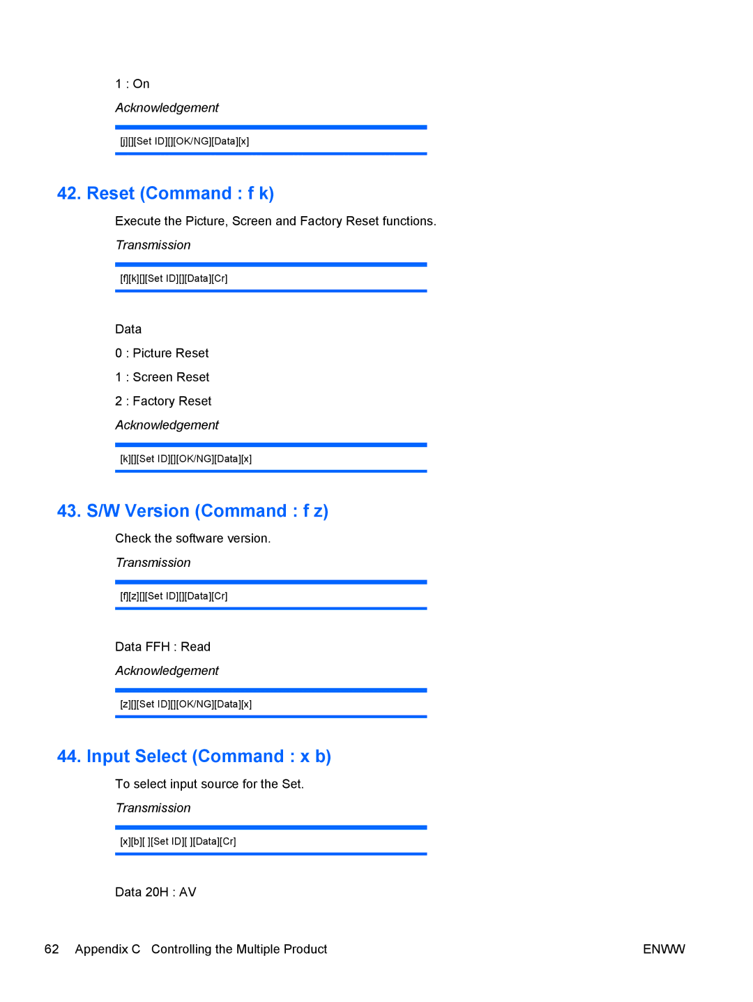 HP LD4200, LD4700 manual Reset Command f k, 43. S/W Version Command f z, Input Select Command x b 