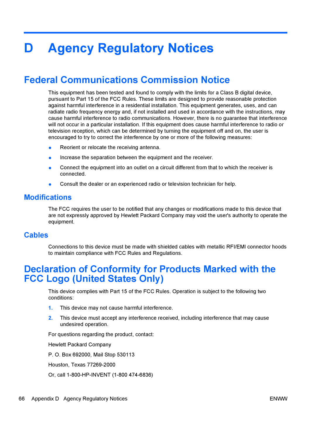 HP LD4200, LD4700 manual Agency Regulatory Notices, Federal Communications Commission Notice, Modifications, Cables 