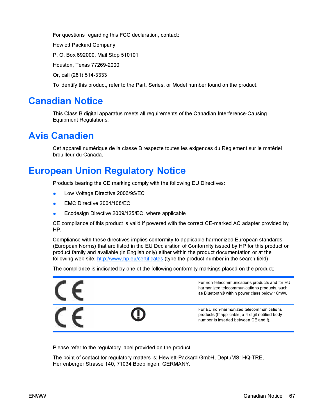 HP LD4700, LD4200 manual Canadian Notice, Avis Canadien, European Union Regulatory Notice 