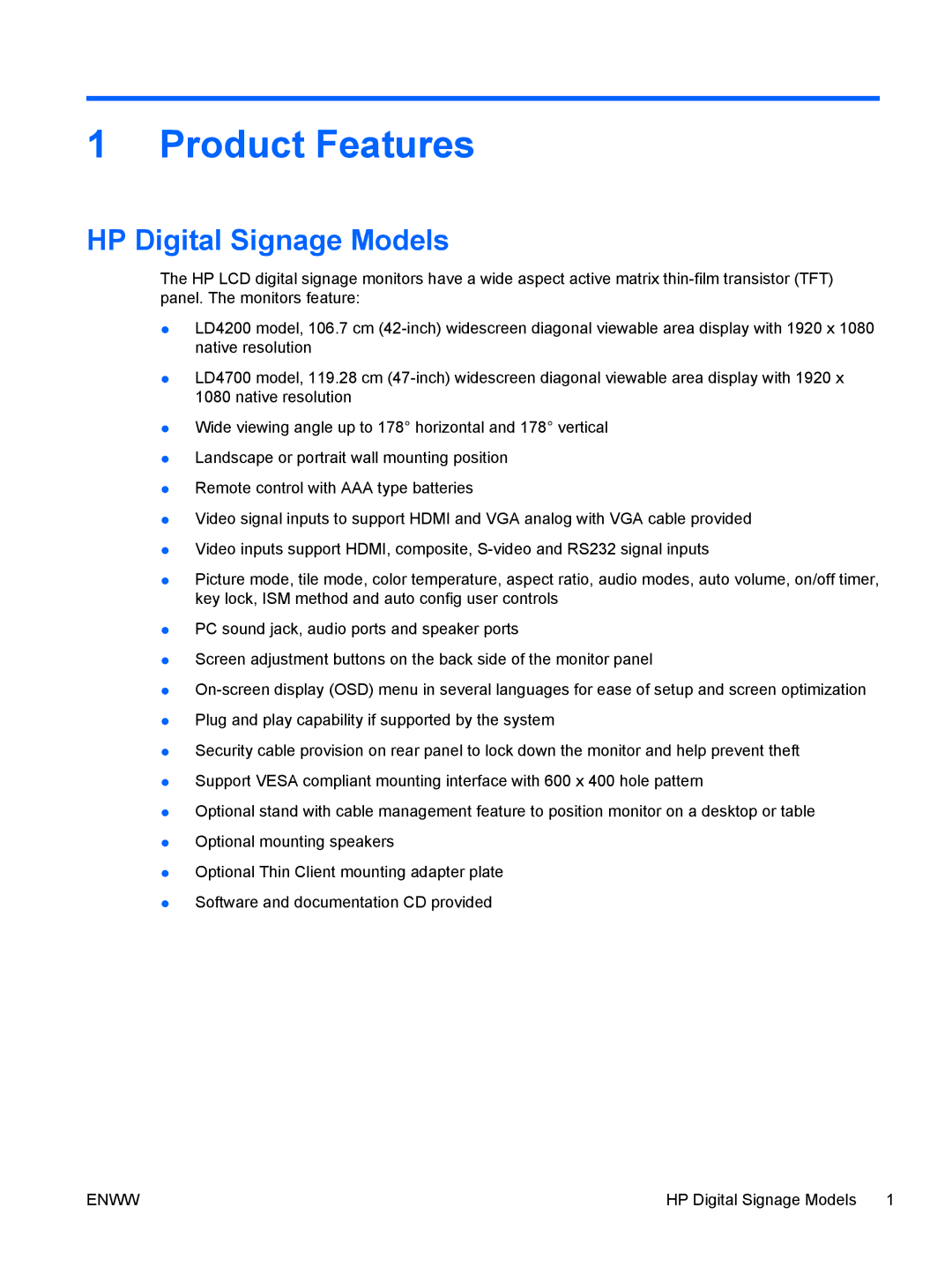 HP LD4700, LD4200 manual Product Features, HP Digital Signage Models 