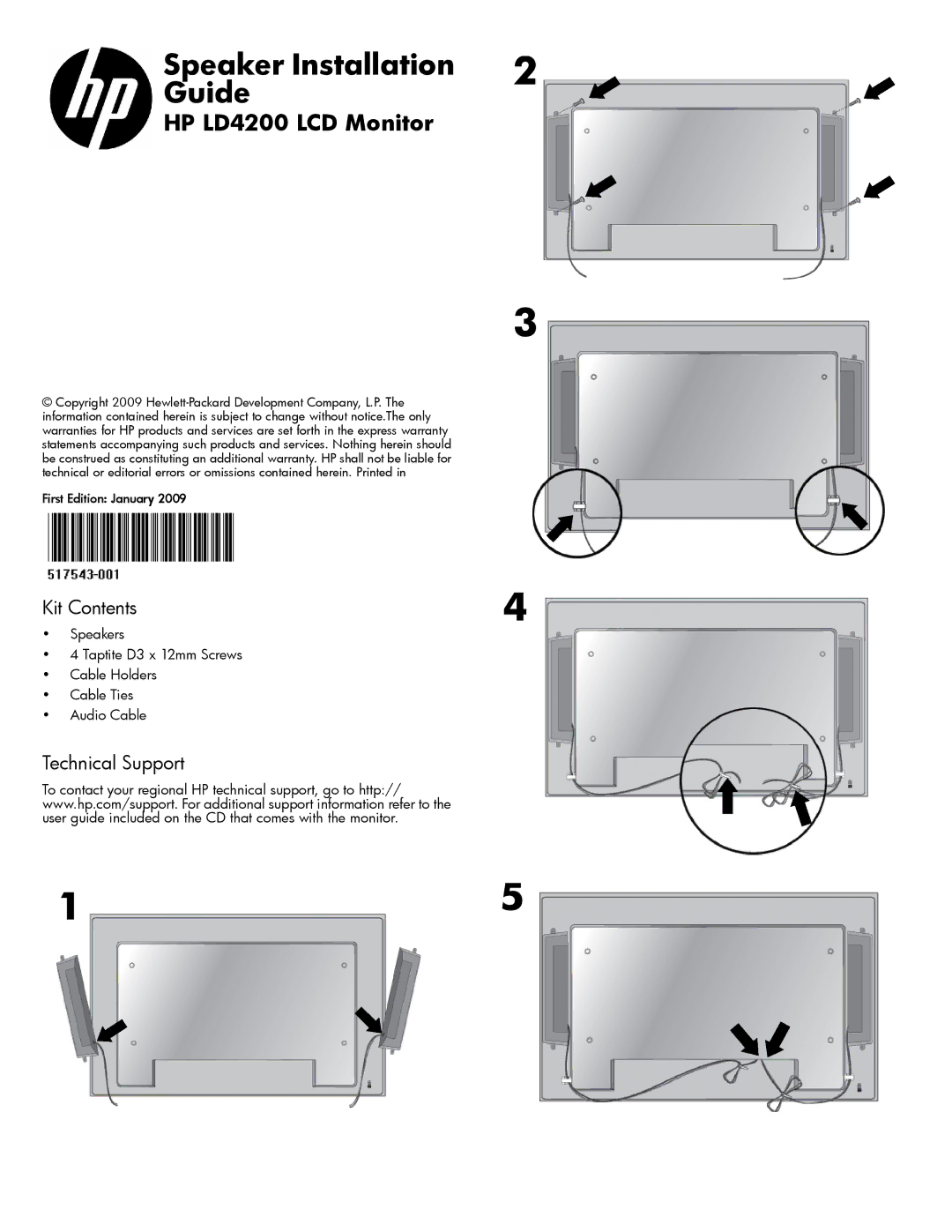 HP manual Speaker Installation Guide, HP LD4200 LCD Monitor 