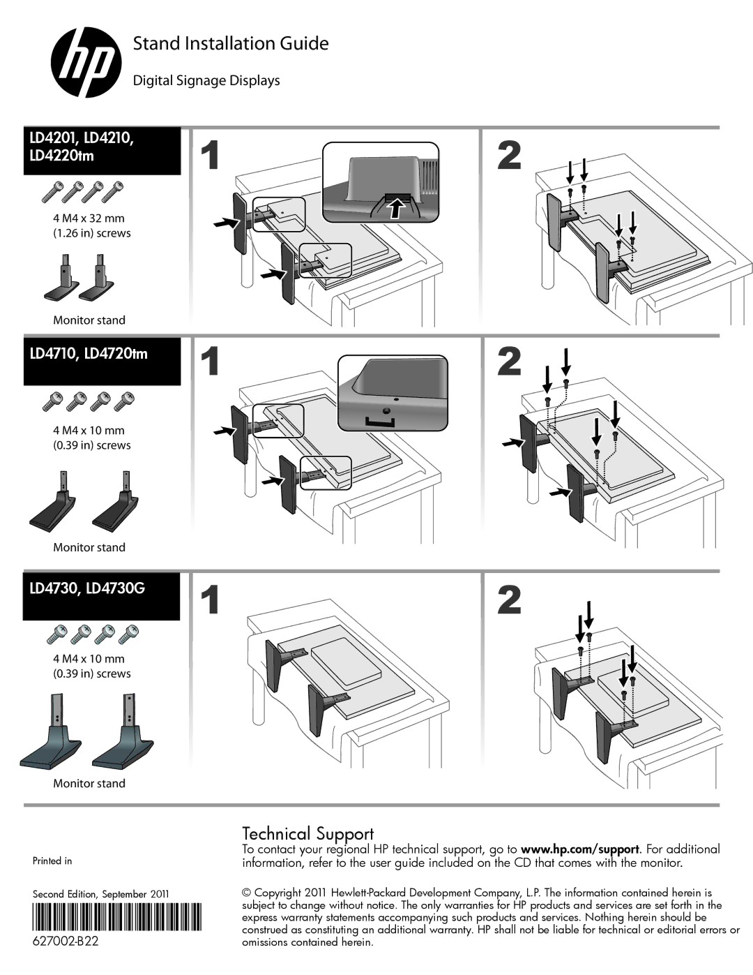 HP LD4201 42-inch manual 627002-B22, Stand Installation Guide, Technical Support, LD4201, LD4210, LD4220tm 