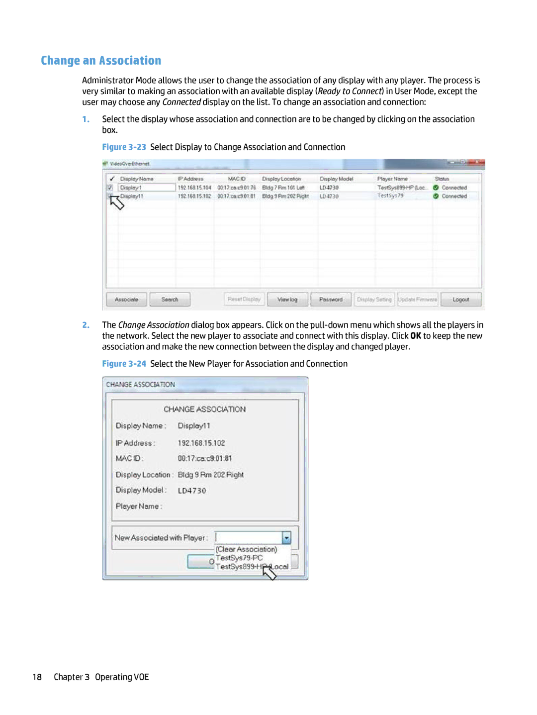 HP LD4245tm 41.92-inch Interactive manual Change an Association, 23Select Display to Change Association and Connection 