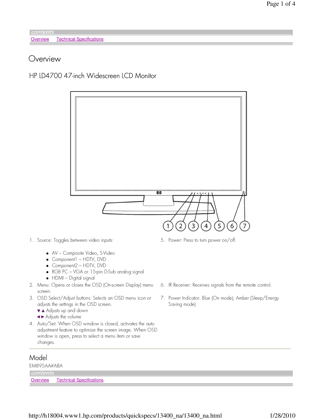 HP manual Overview, HP LD4700 47-inch Widescreen LCD Monitor 