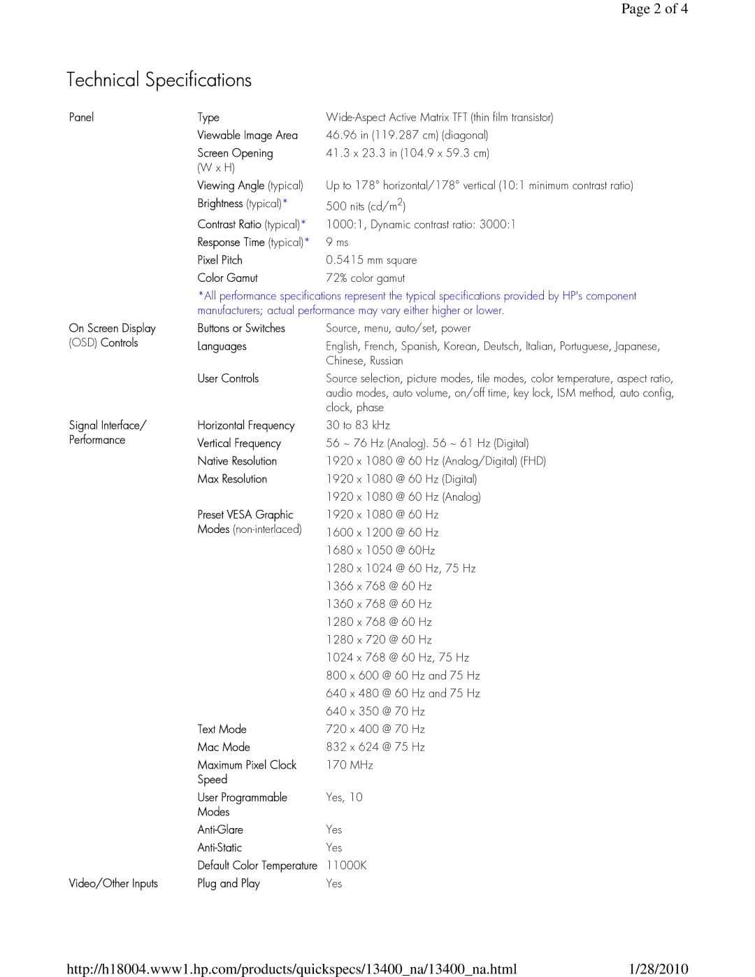 HP LD4700 manual Technical Specifications 