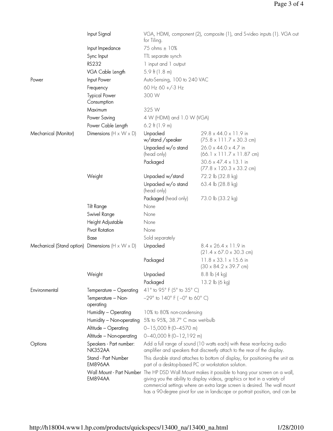 HP LD4700 Input Signal, Input Impedance, Sync Input, RS232, VGA Cable Length, Power Input Power, Frequency, Typical Power 