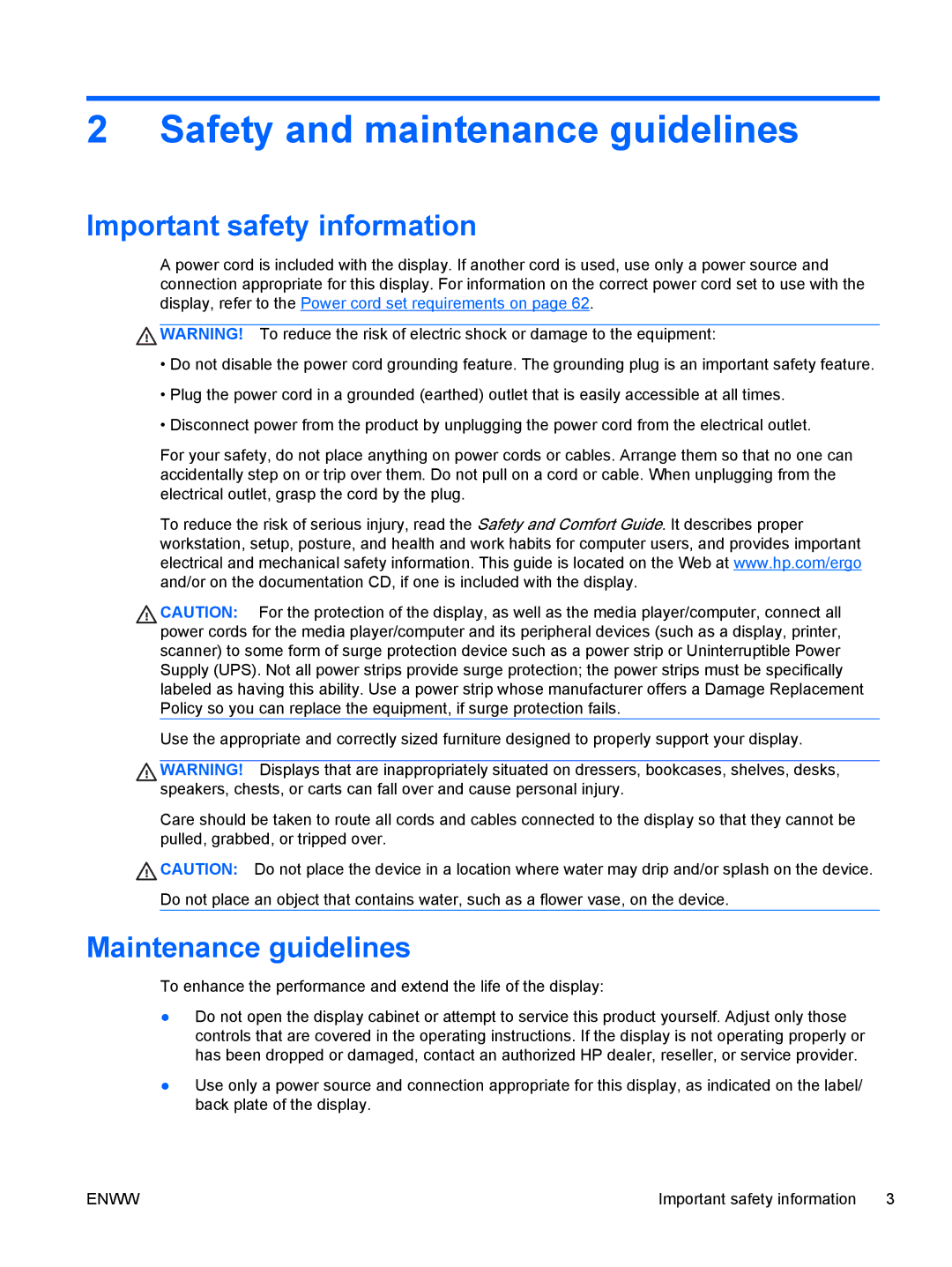 HP LD4730 47-inch Micro-Bezel Video Wall Display manual Safety and maintenance guidelines, Important safety information 