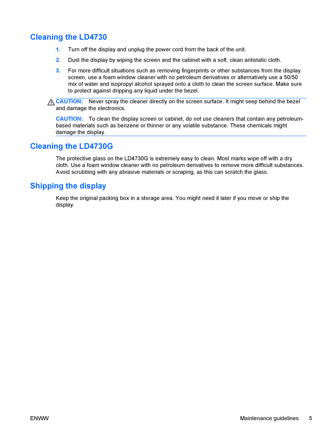 HP LD4730 47-inch Micro-Bezel Video Wall Display manual Cleaning the LD4730G, Shipping the display 