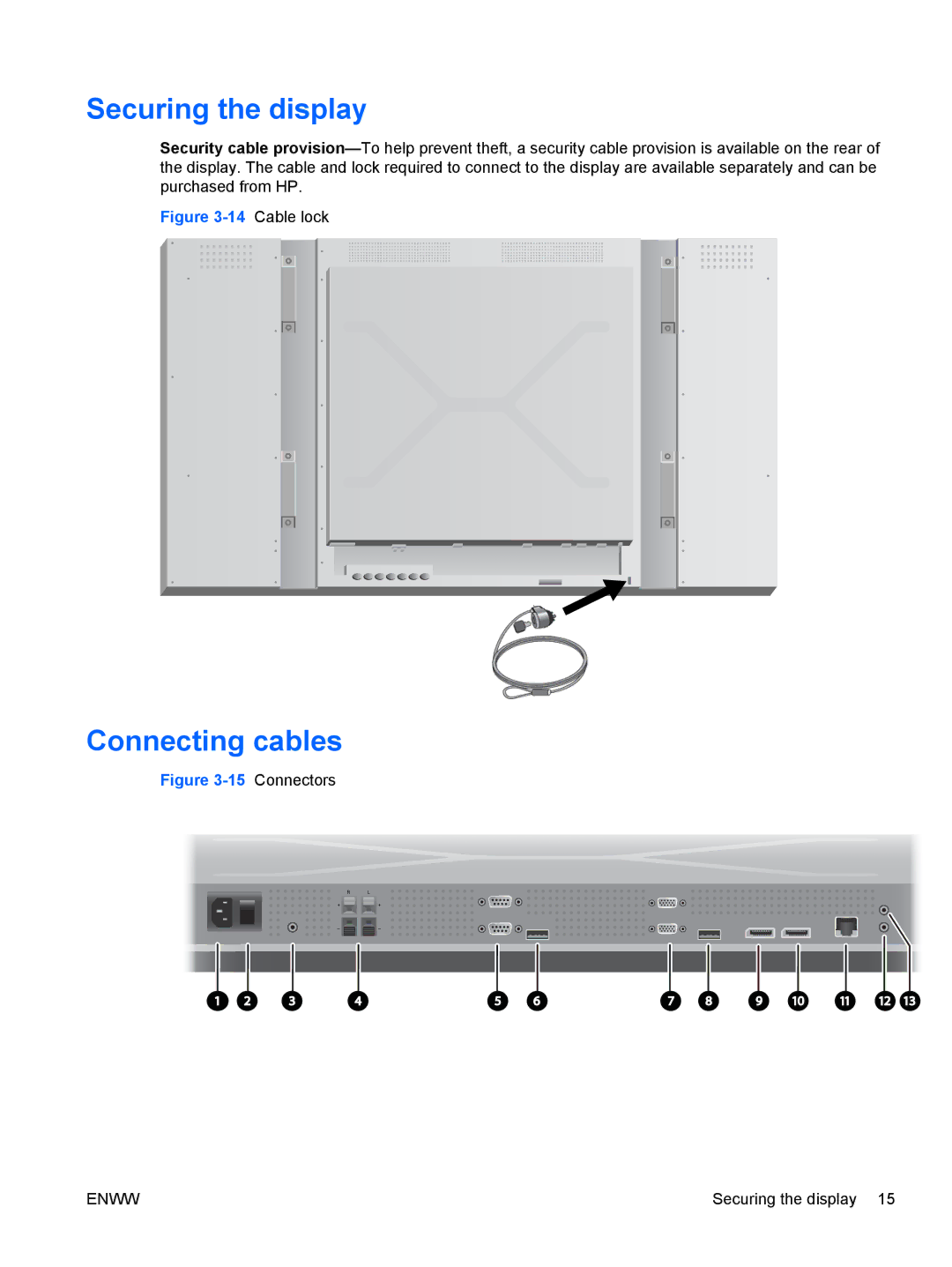 HP LD4730 47-inch Micro-Bezel Video Wall Display manual Securing the display, Connecting cables 