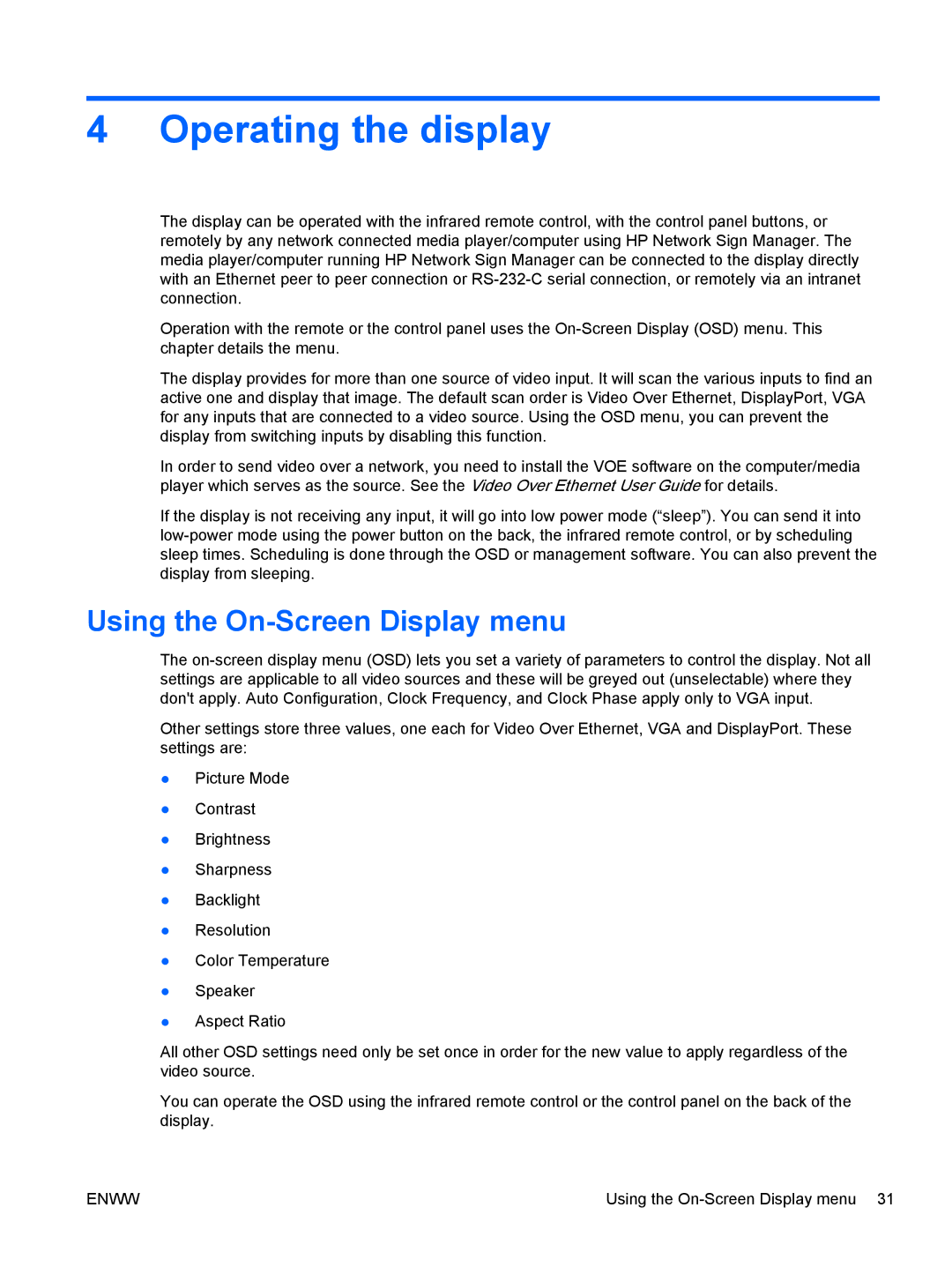 HP LD4730 47-inch Micro-Bezel Video Wall Display manual Operating the display, Using the On-Screen Display menu 