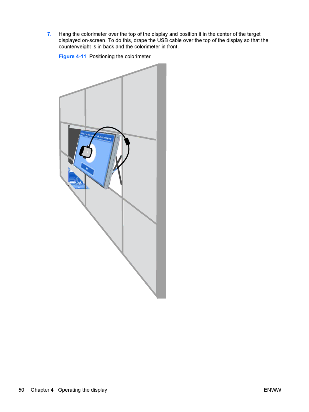 HP LD4730 47-inch Micro-Bezel Video Wall Display manual 11Positioning the colorimeter Operating the display 