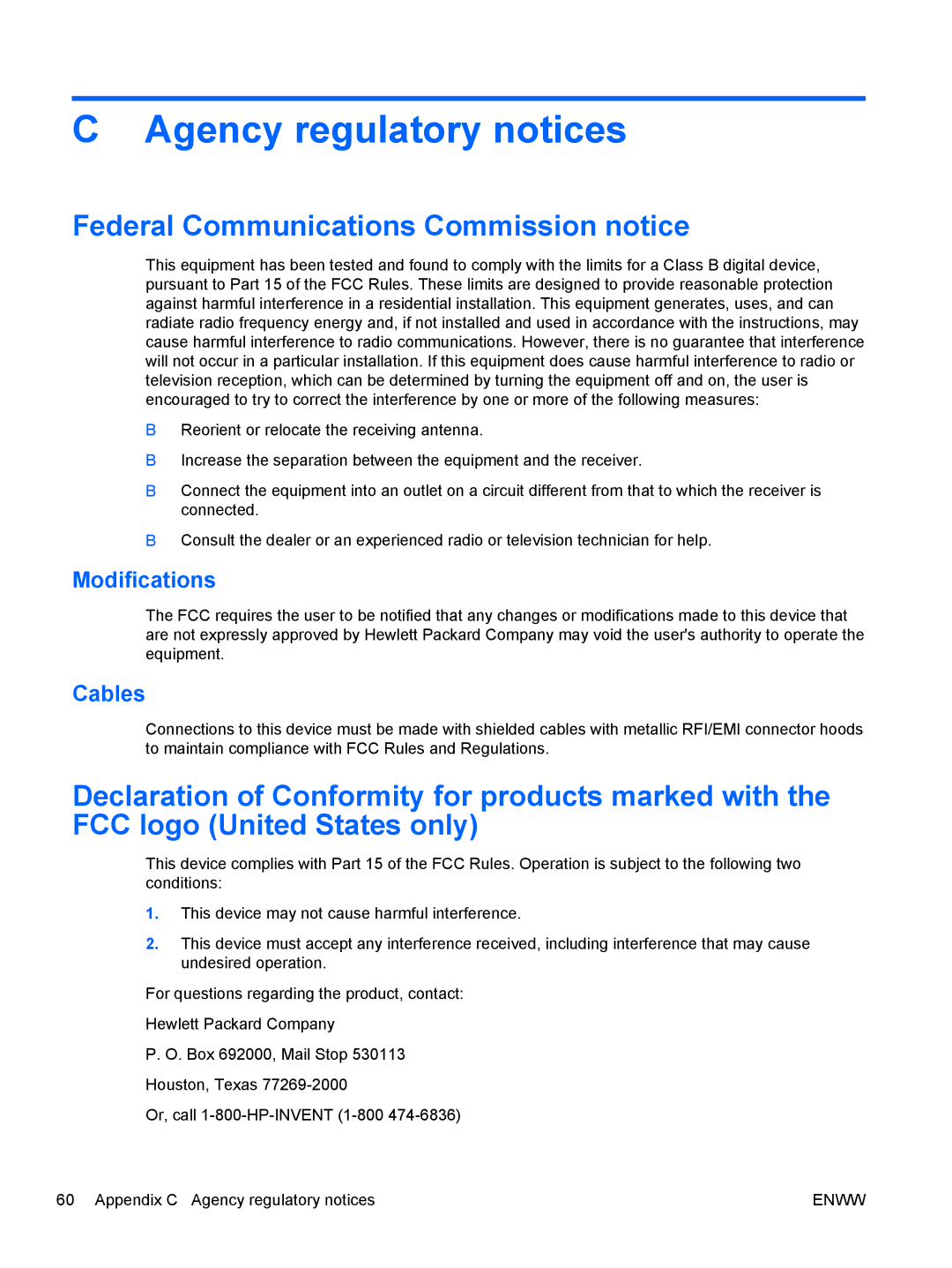 HP LD4730 47-inch Micro-Bezel Video Wall Display manual Agency regulatory notices, Federal Communications Commission notice 