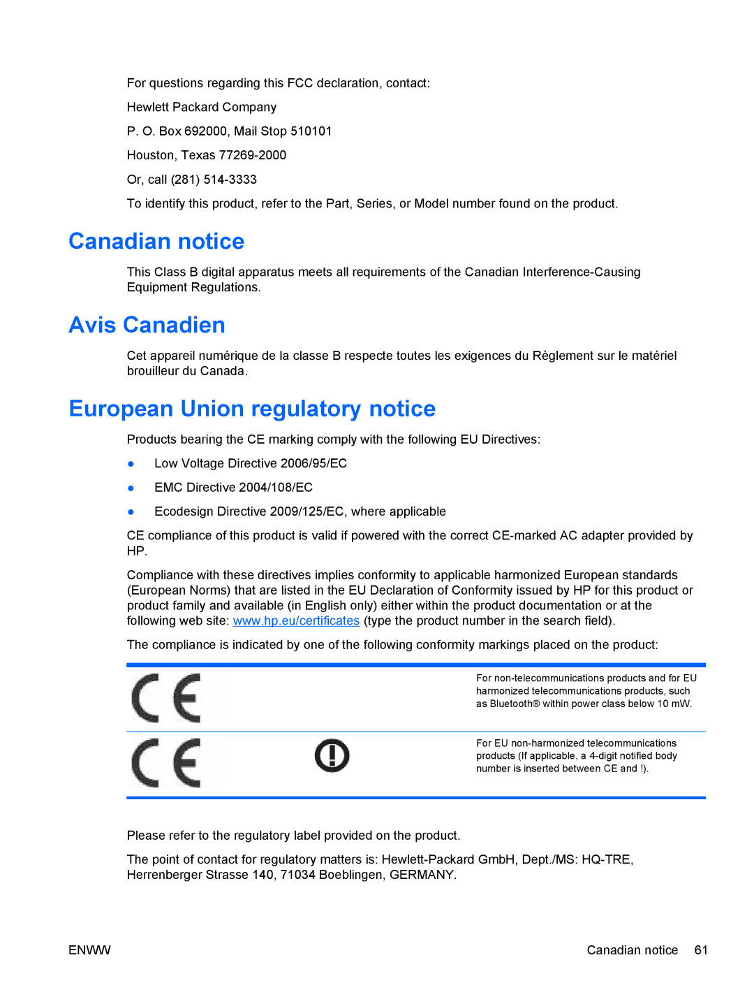 HP LD4730 47-inch Micro-Bezel Video Wall Display manual Canadian notice, Avis Canadien, European Union regulatory notice 