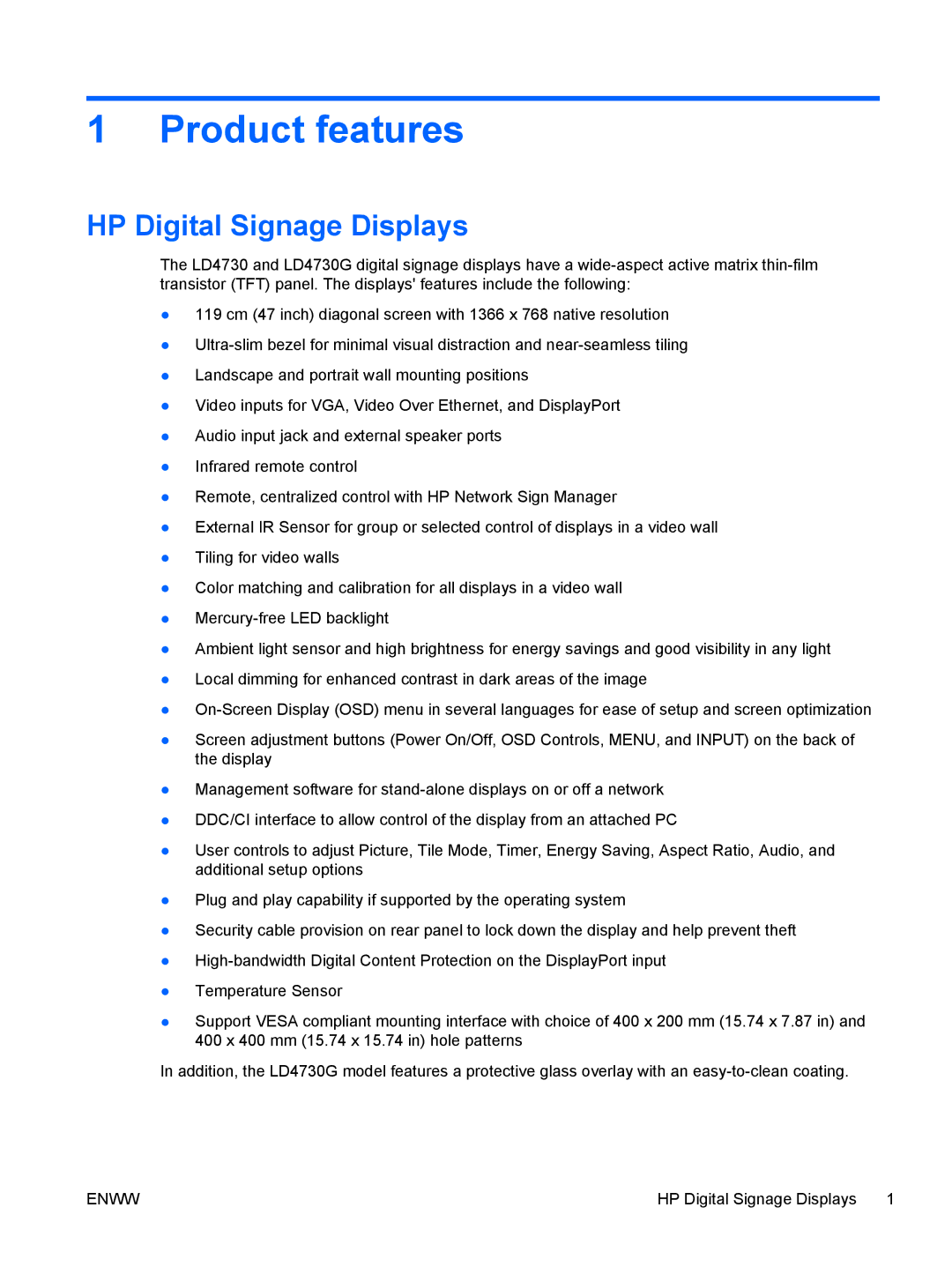 HP LD4730 47-inch Micro-Bezel Video Wall Display manual Product features, HP Digital Signage Displays 