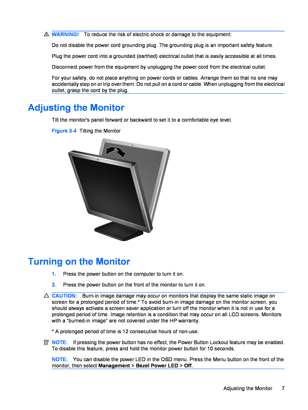 HP LE1711 17-inch manual Adjusting the Monitor, Turning on the Monitor 