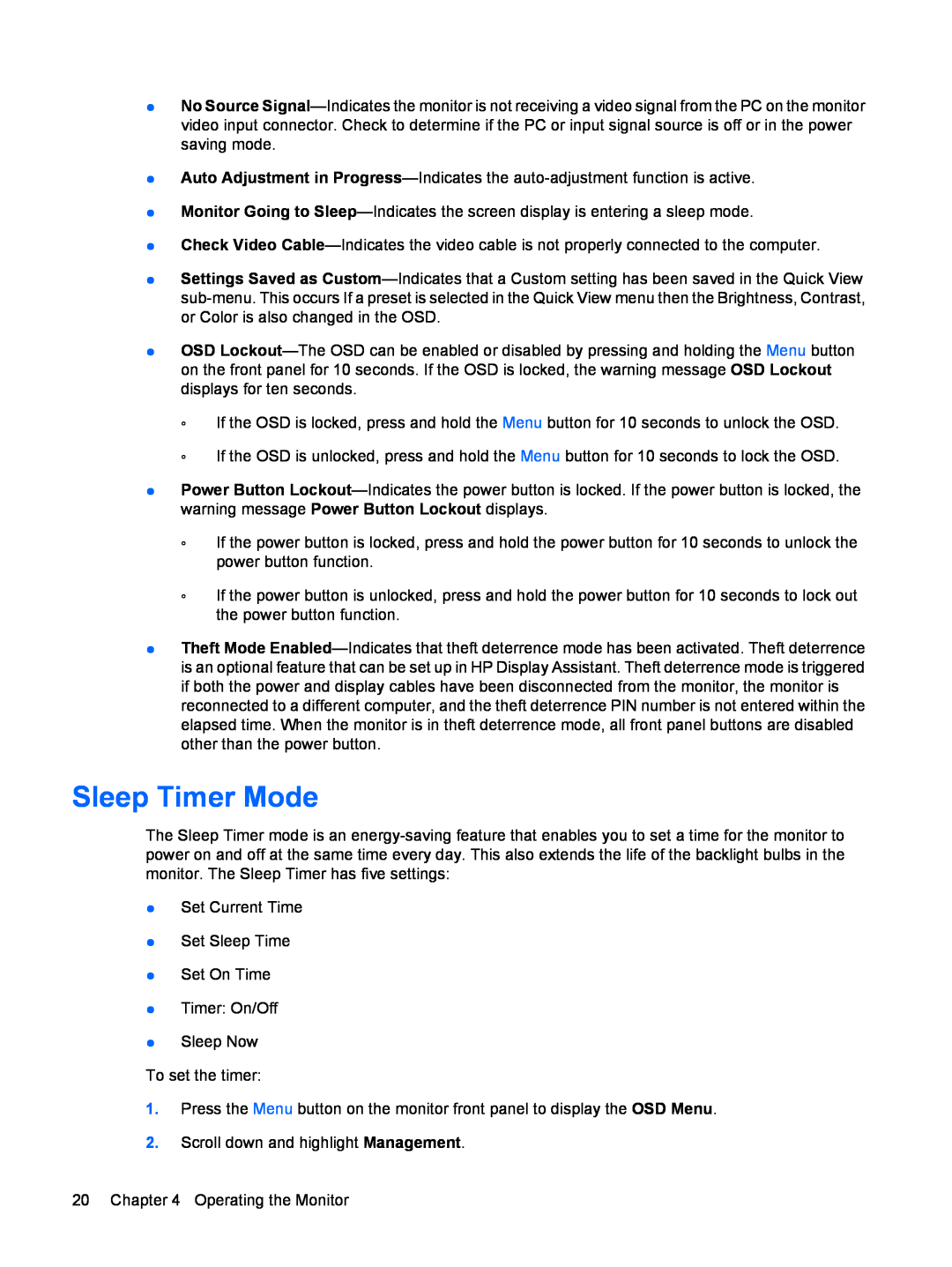 HP LE1711 17-inch manual Sleep Timer Mode 