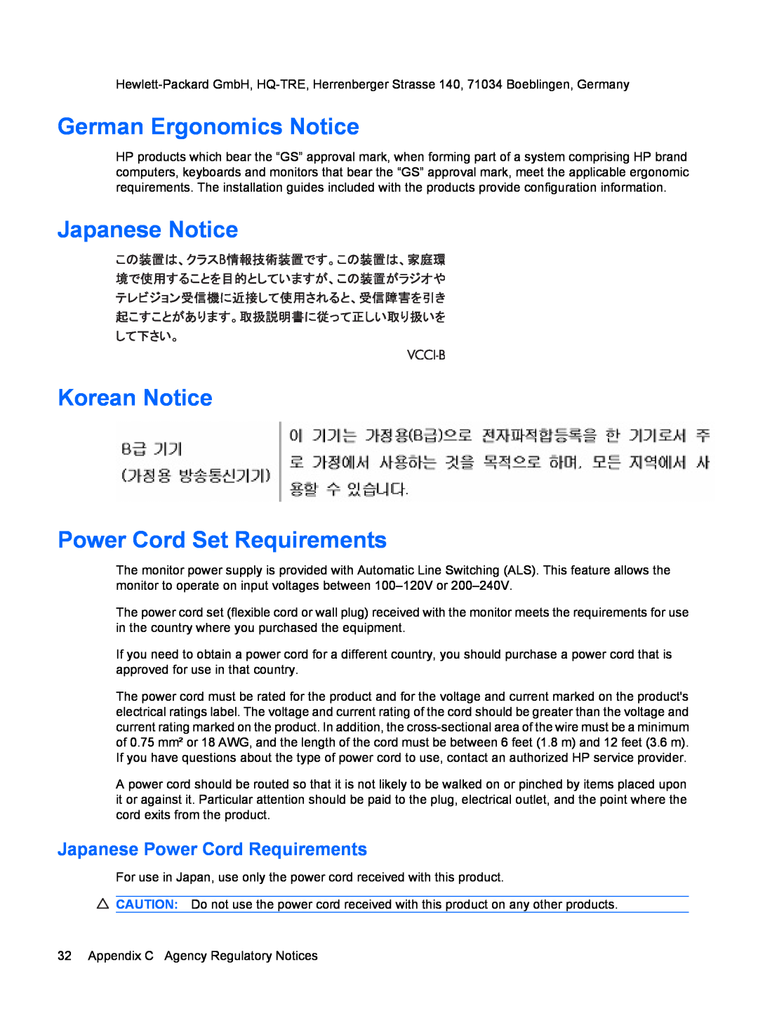 HP LE1711 17-inch manual German Ergonomics Notice, Japanese Notice Korean Notice Power Cord Set Requirements 