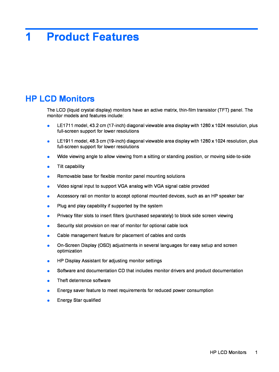 HP LE1711 17-inch manual Product Features, HP LCD Monitors 