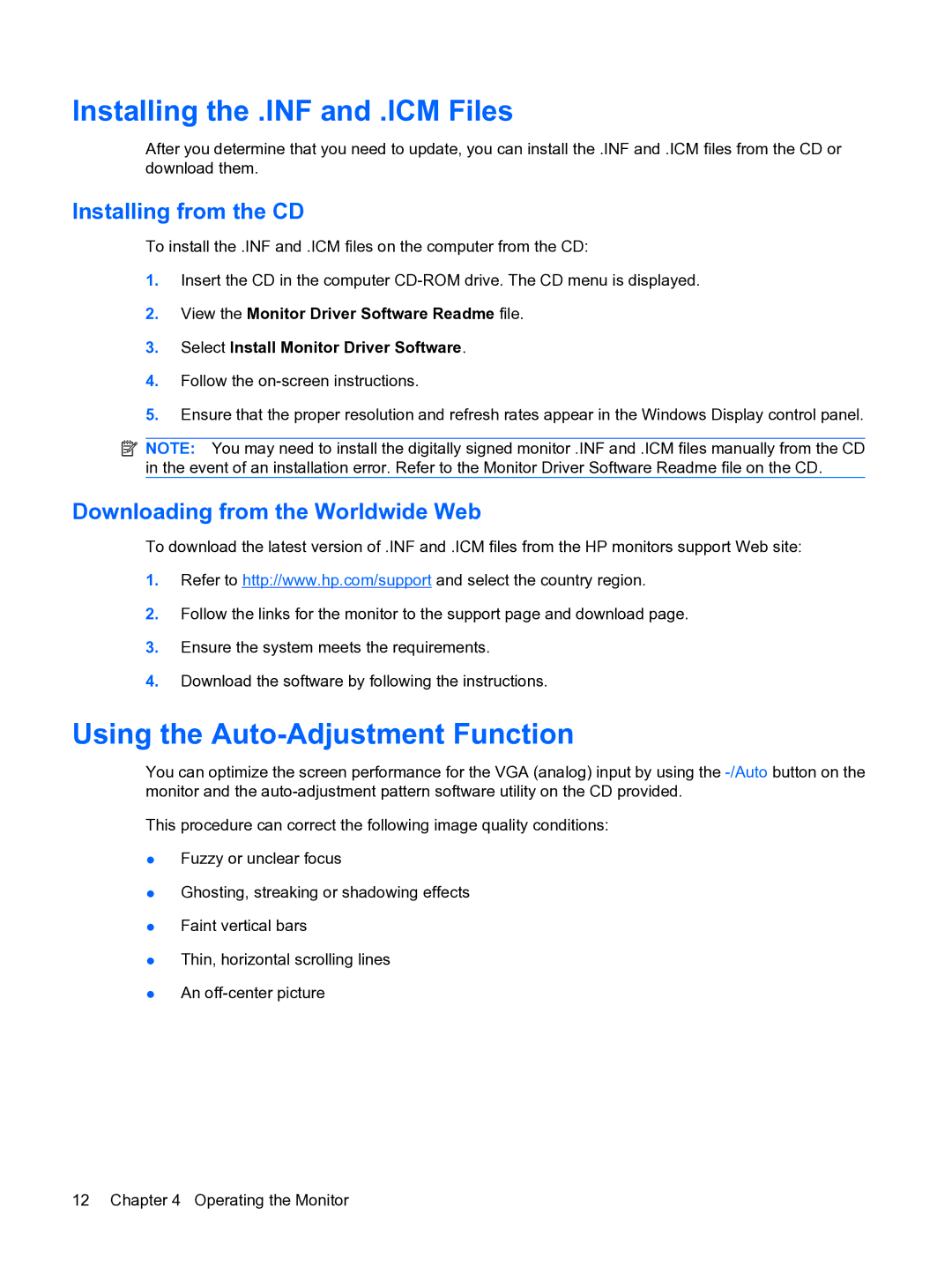 HP LE1711 EM886A8#ABA manual Installing the .INF and .ICM Files, Using the Auto-Adjustment Function, Installing from the CD 