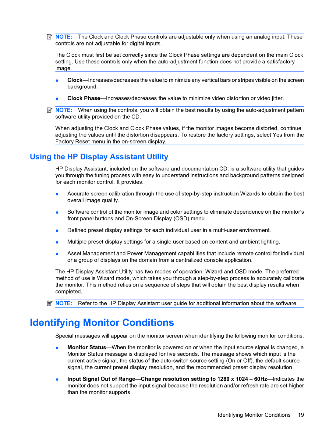 HP LE1711 EM886A8#ABA manual Identifying Monitor Conditions, Using the HP Display Assistant Utility 