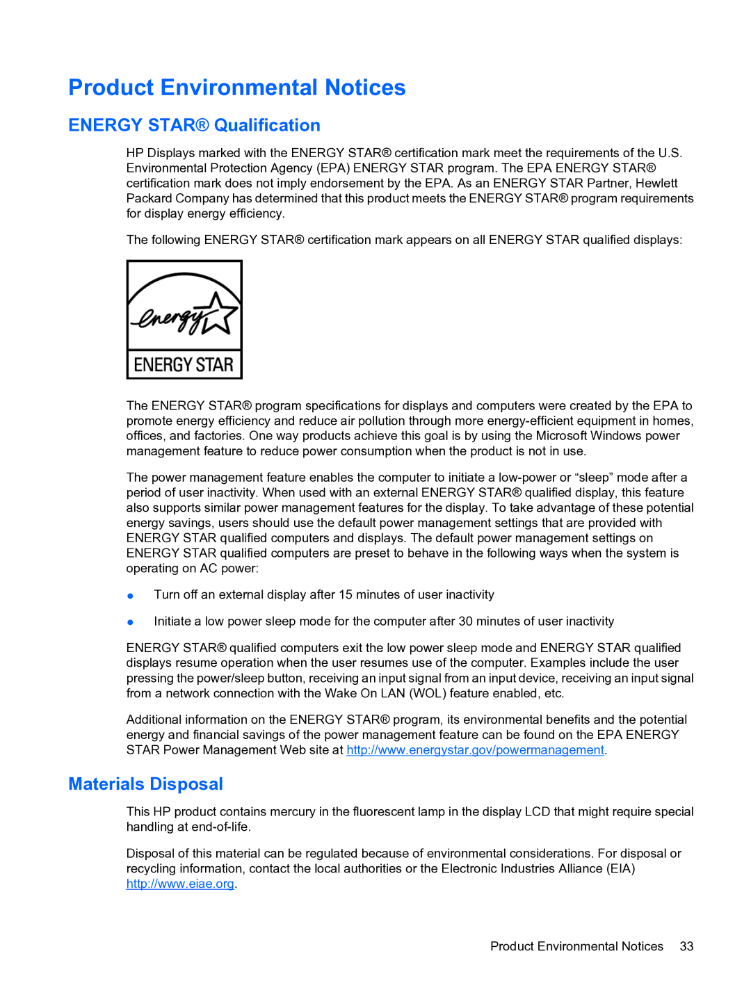 HP LE1711 EM886A8#ABA manual Product Environmental Notices, Energy Star Qualification, Materials Disposal 