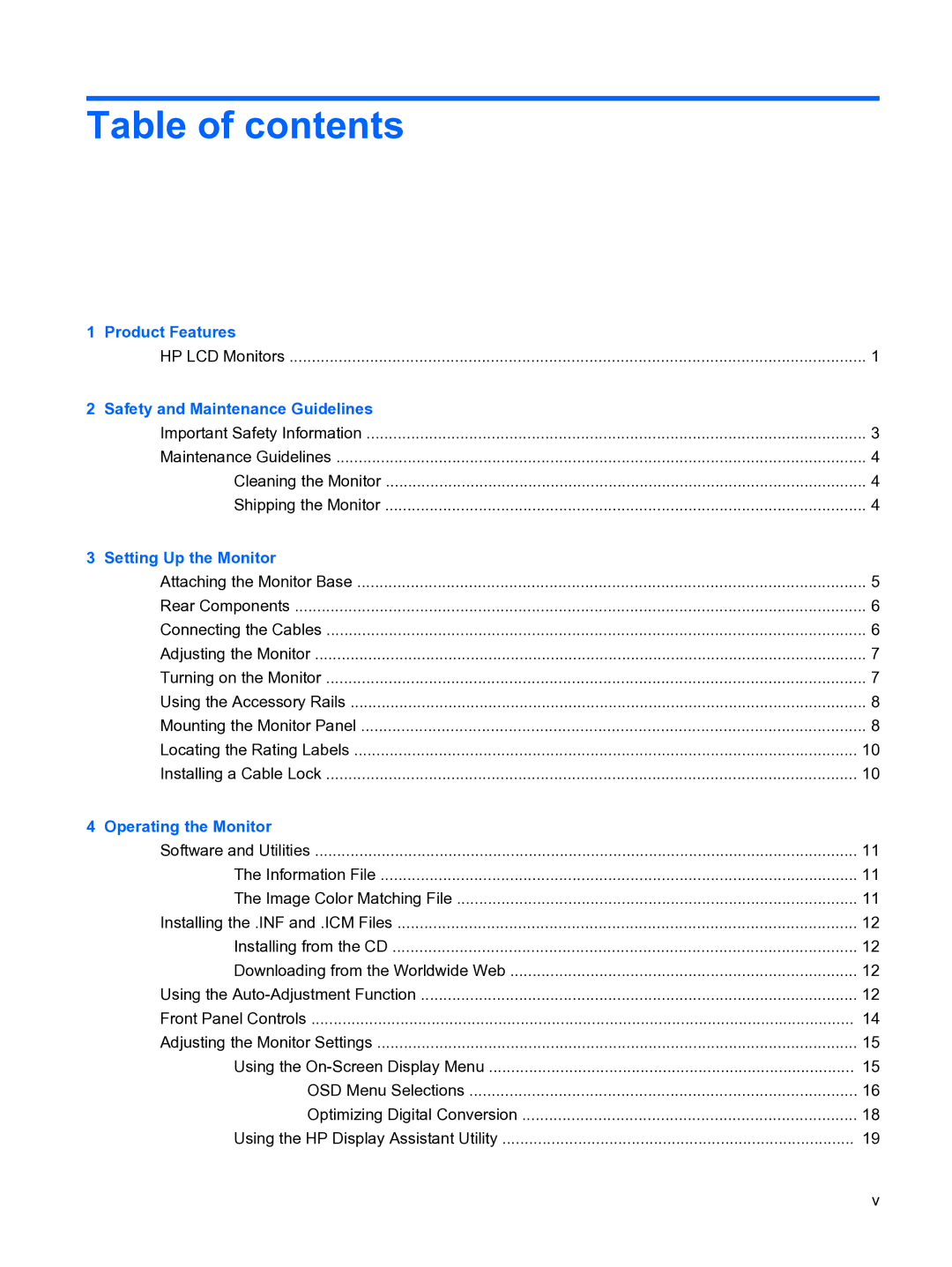 HP LE1711 EM886A8#ABA manual Table of contents 