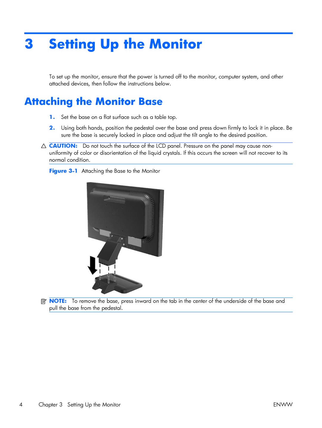 HP LE1851w 18.5-inch manual Setting Up the Monitor, Attaching the Monitor Base 