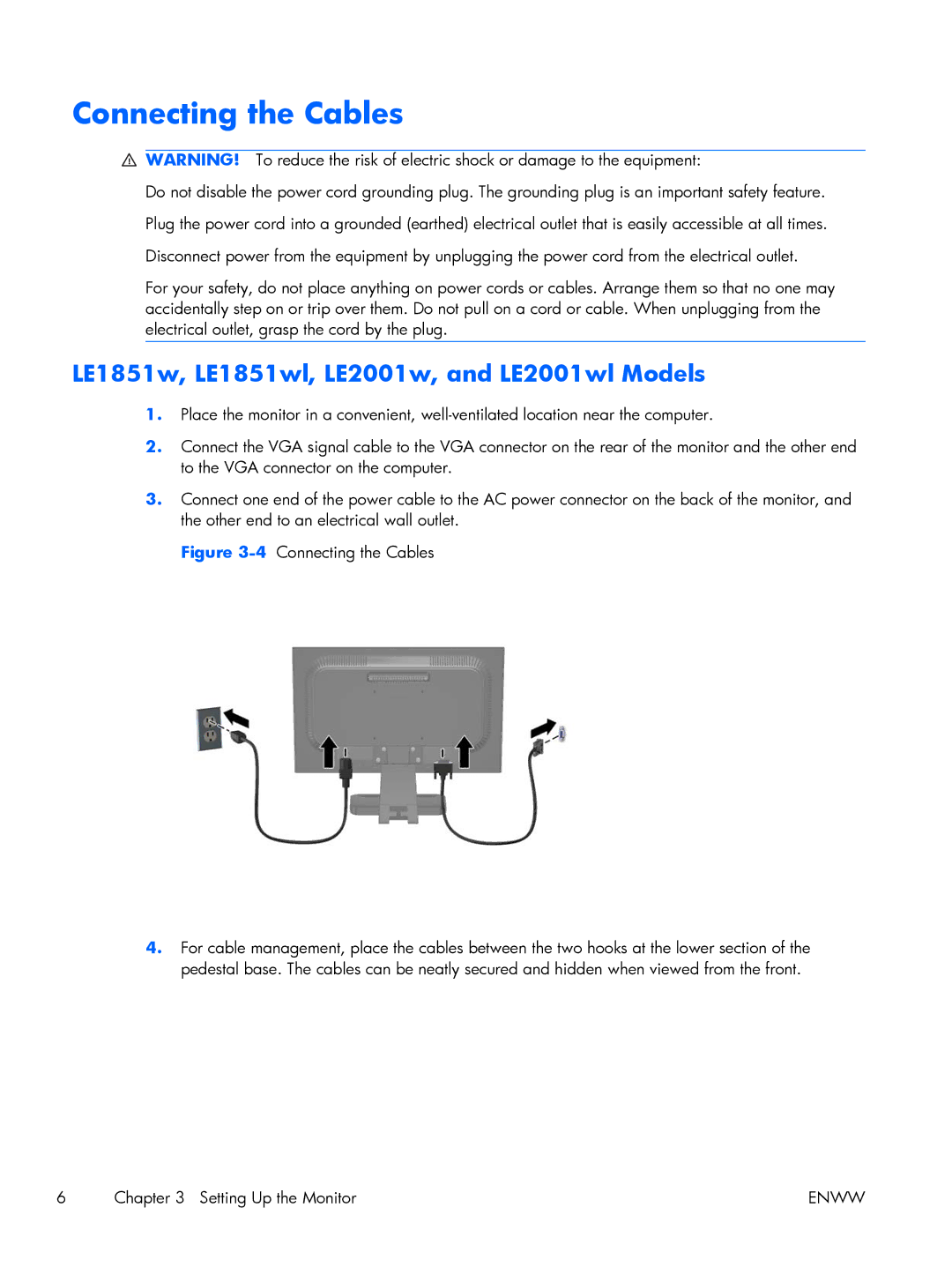 HP LE1851w 18.5-inch manual Connecting the Cables, LE1851w, LE1851wl, LE2001w, and LE2001wl Models 