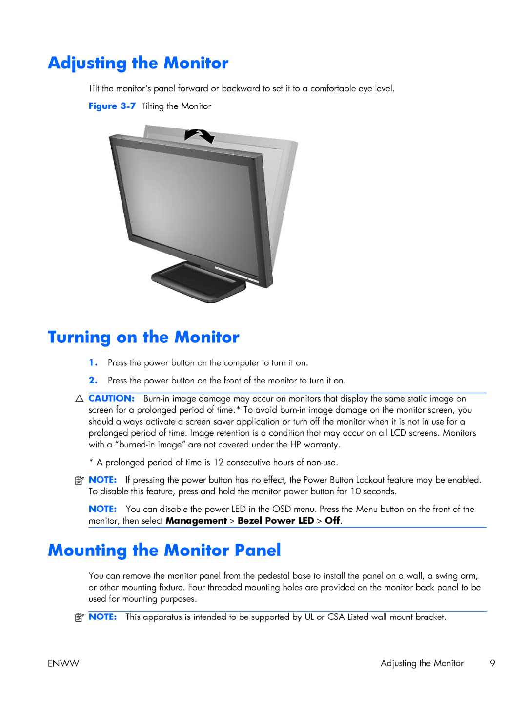 HP LE1851w 18.5-inch manual Adjusting the Monitor, Turning on the Monitor, Mounting the Monitor Panel 