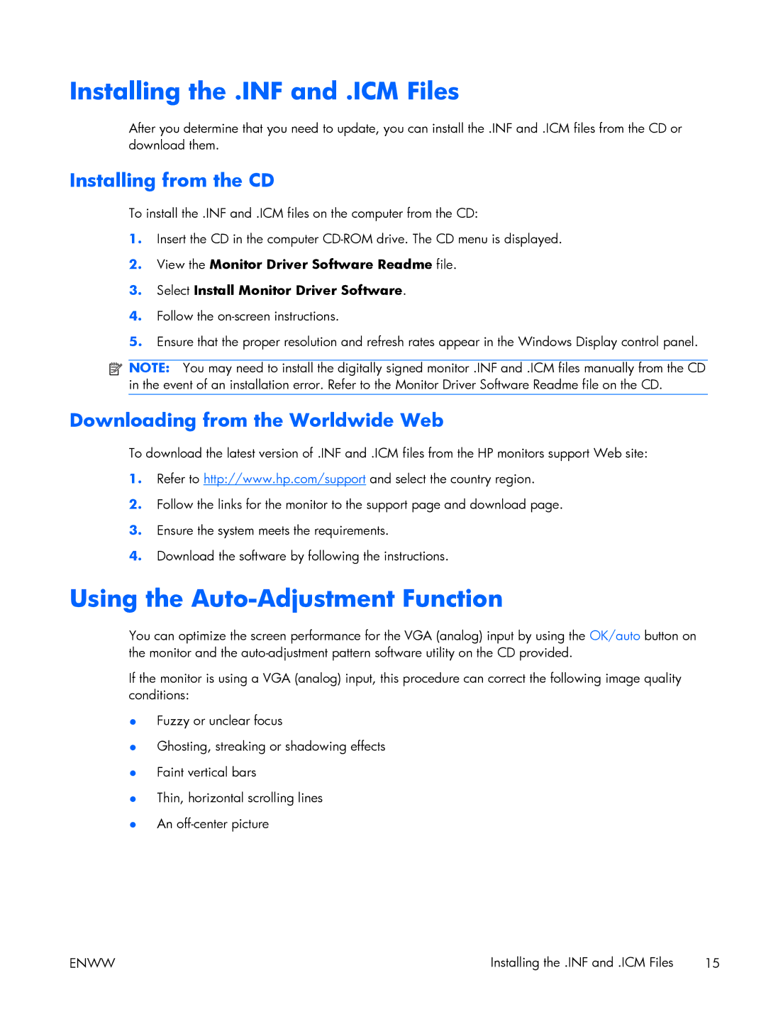 HP LE1851w 18.5-inch manual Installing the .INF and .ICM Files, Using the Auto-Adjustment Function, Installing from the CD 