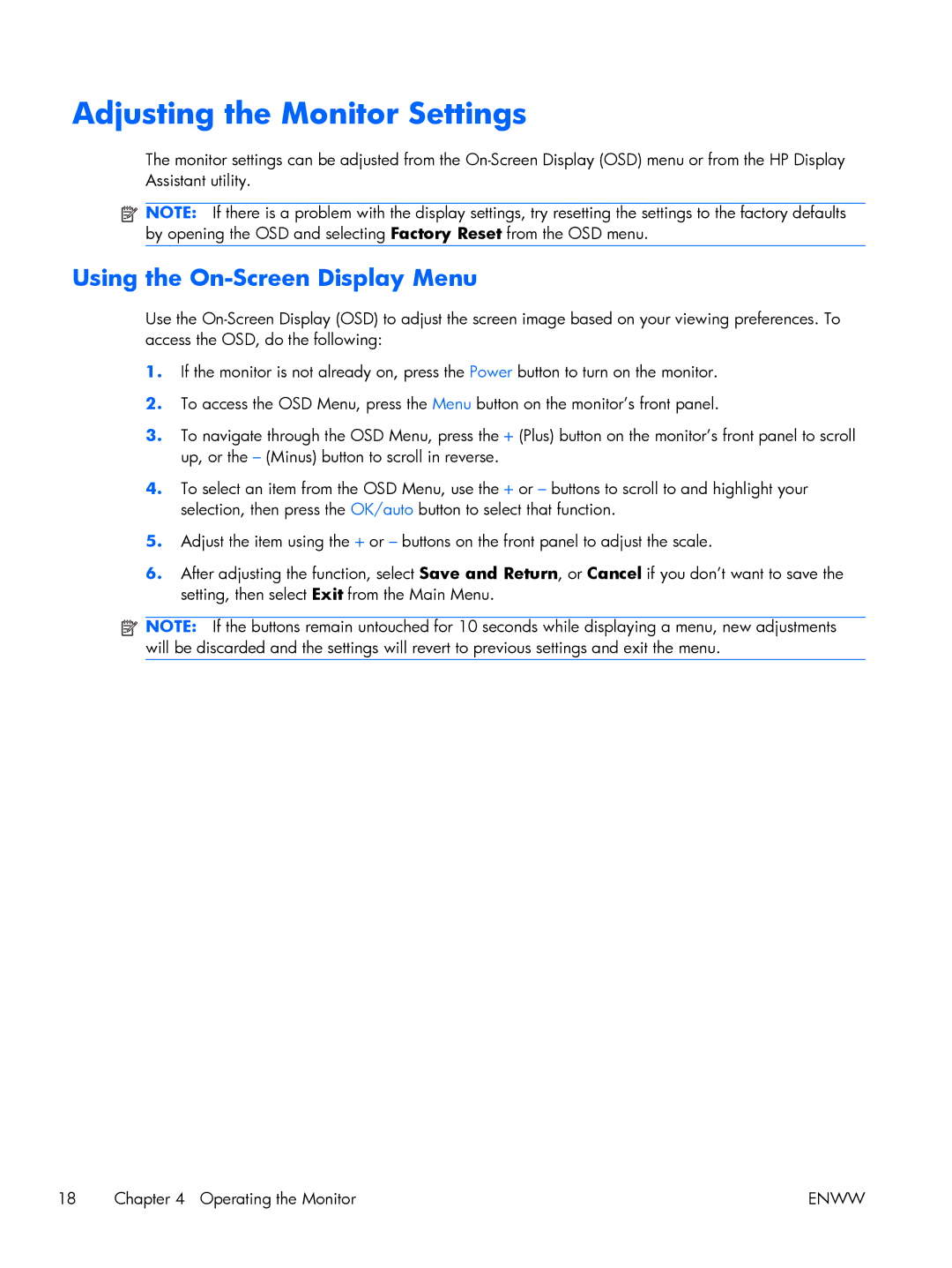 HP LE1851w 18.5-inch manual Adjusting the Monitor Settings, Using the On-Screen Display Menu 