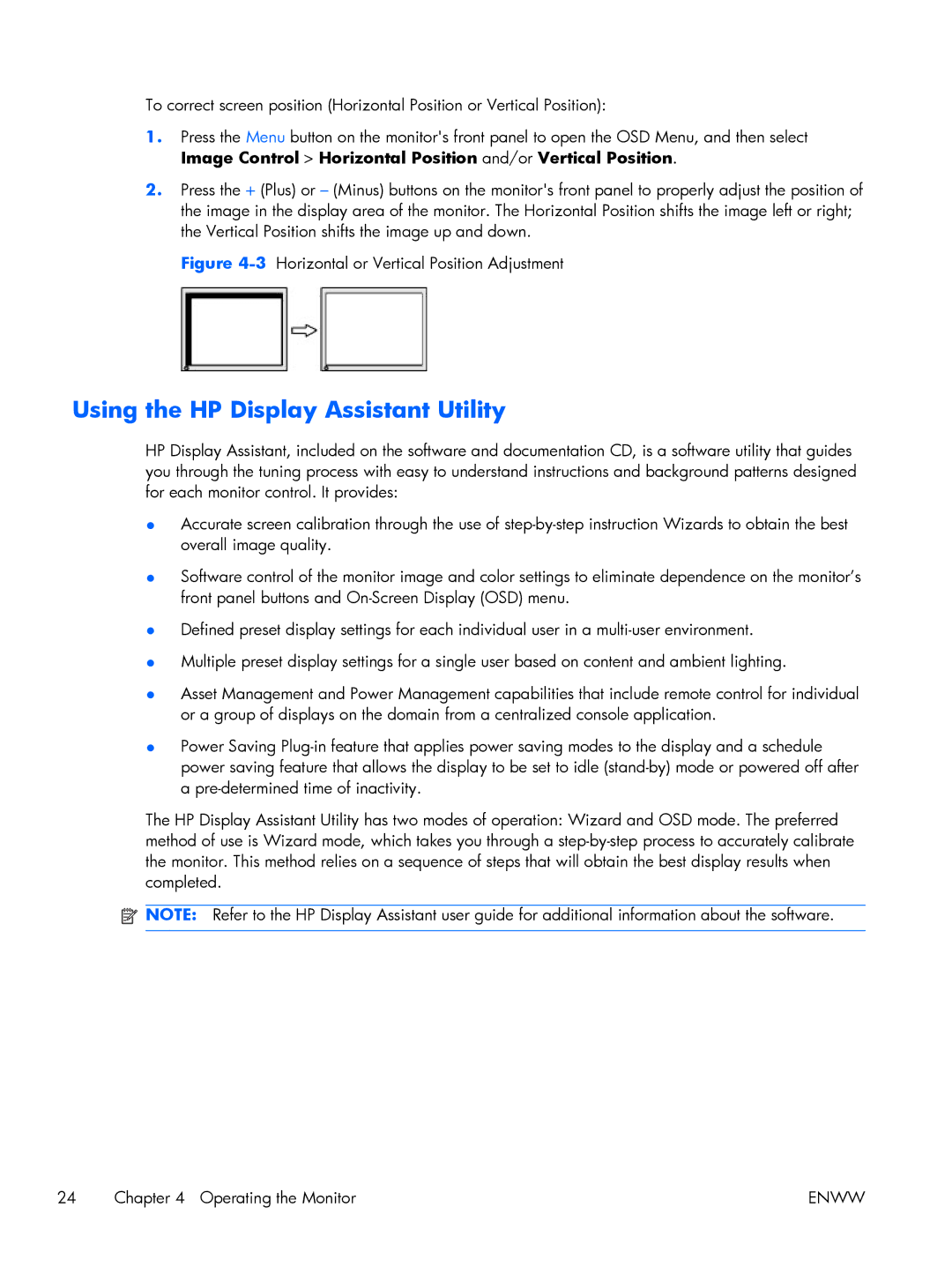 HP LE1851w 18.5-inch manual Using the HP Display Assistant Utility, 3Horizontal or Vertical Position Adjustment 