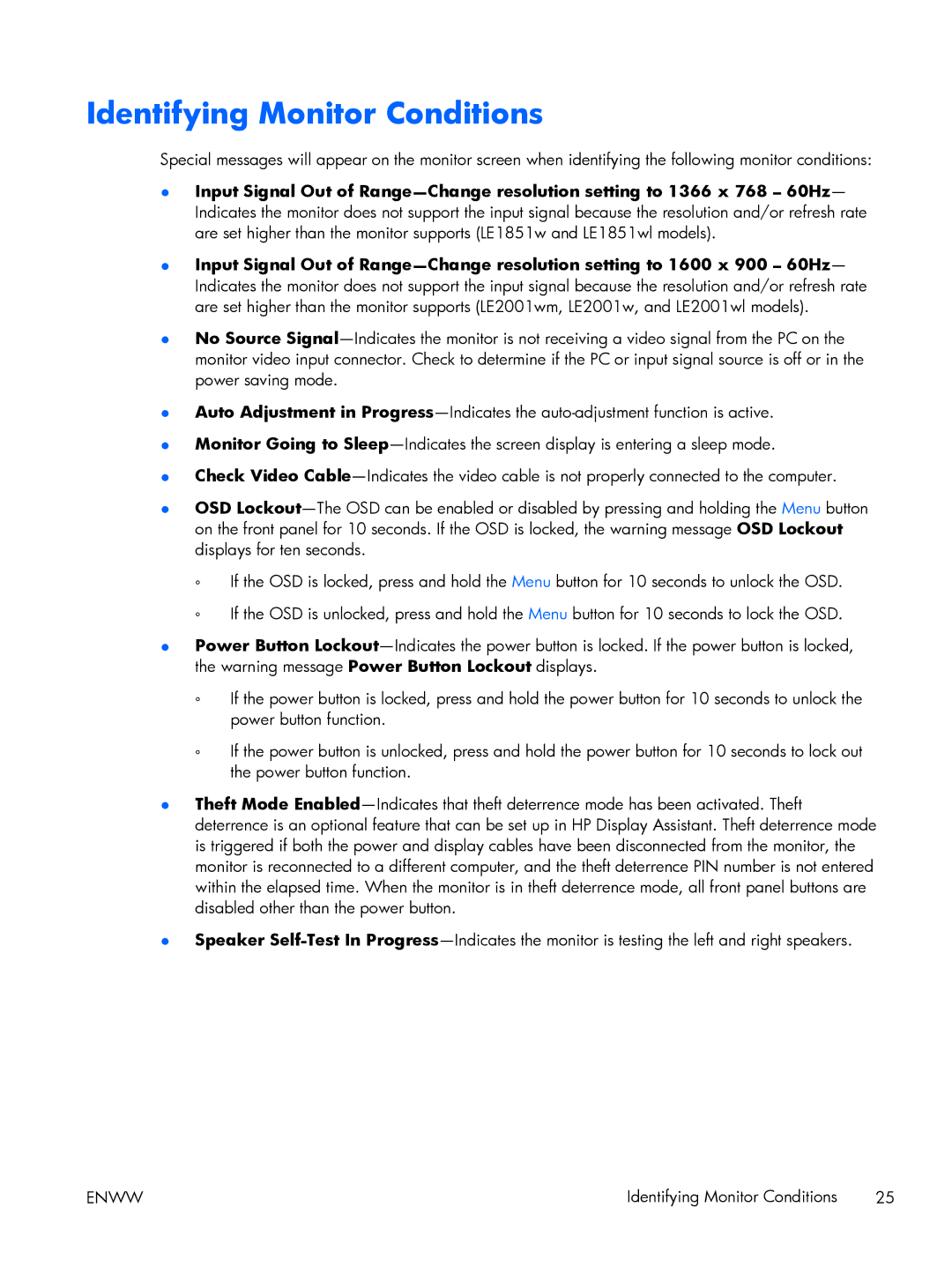 HP LE1851w 18.5-inch manual Identifying Monitor Conditions 