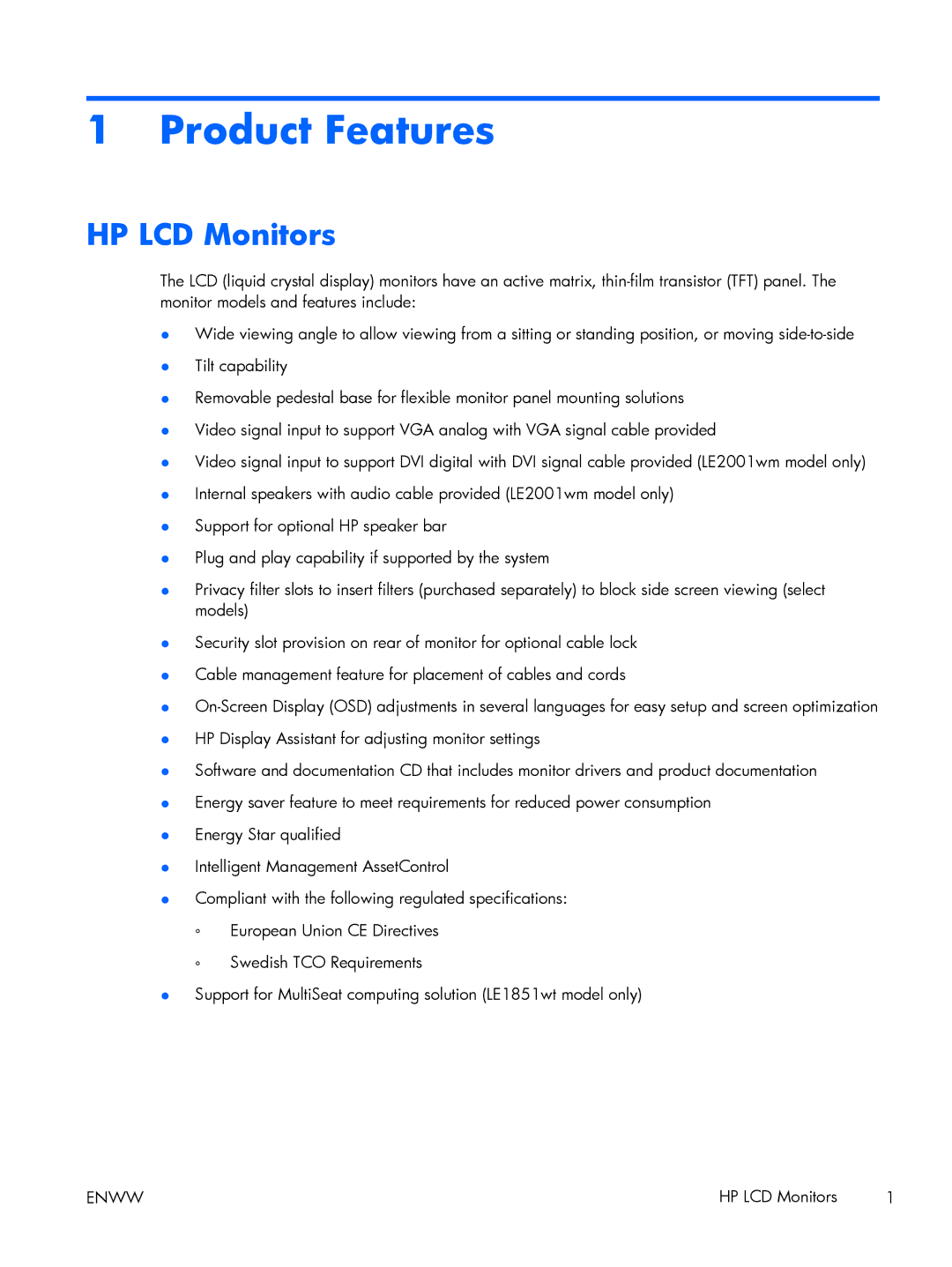 HP LE1851w 18.5-inch manual Product Features, HP LCD Monitors 