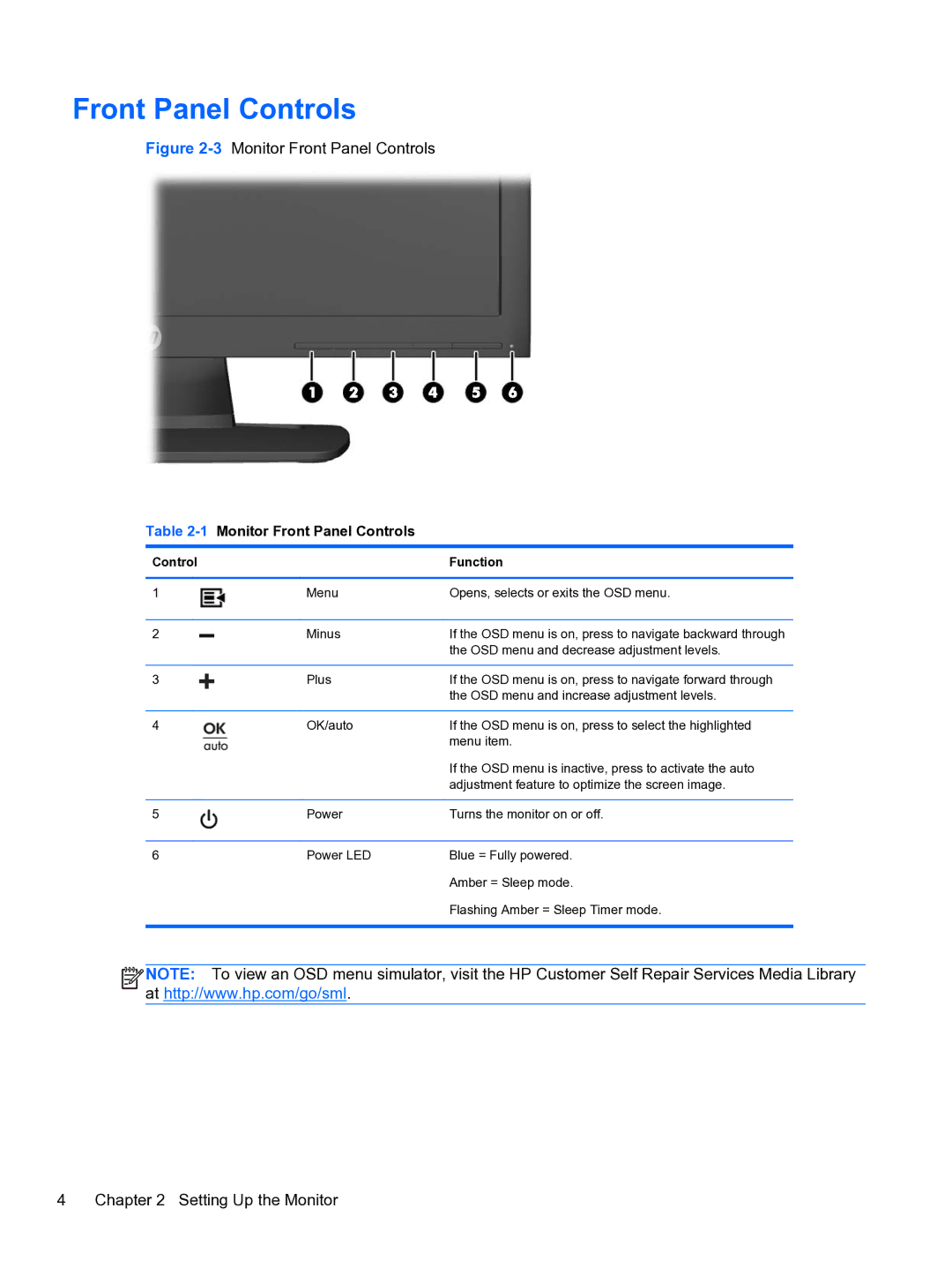 HP LE1852ms 18.5-inch manual 1Monitor Front Panel Controls 