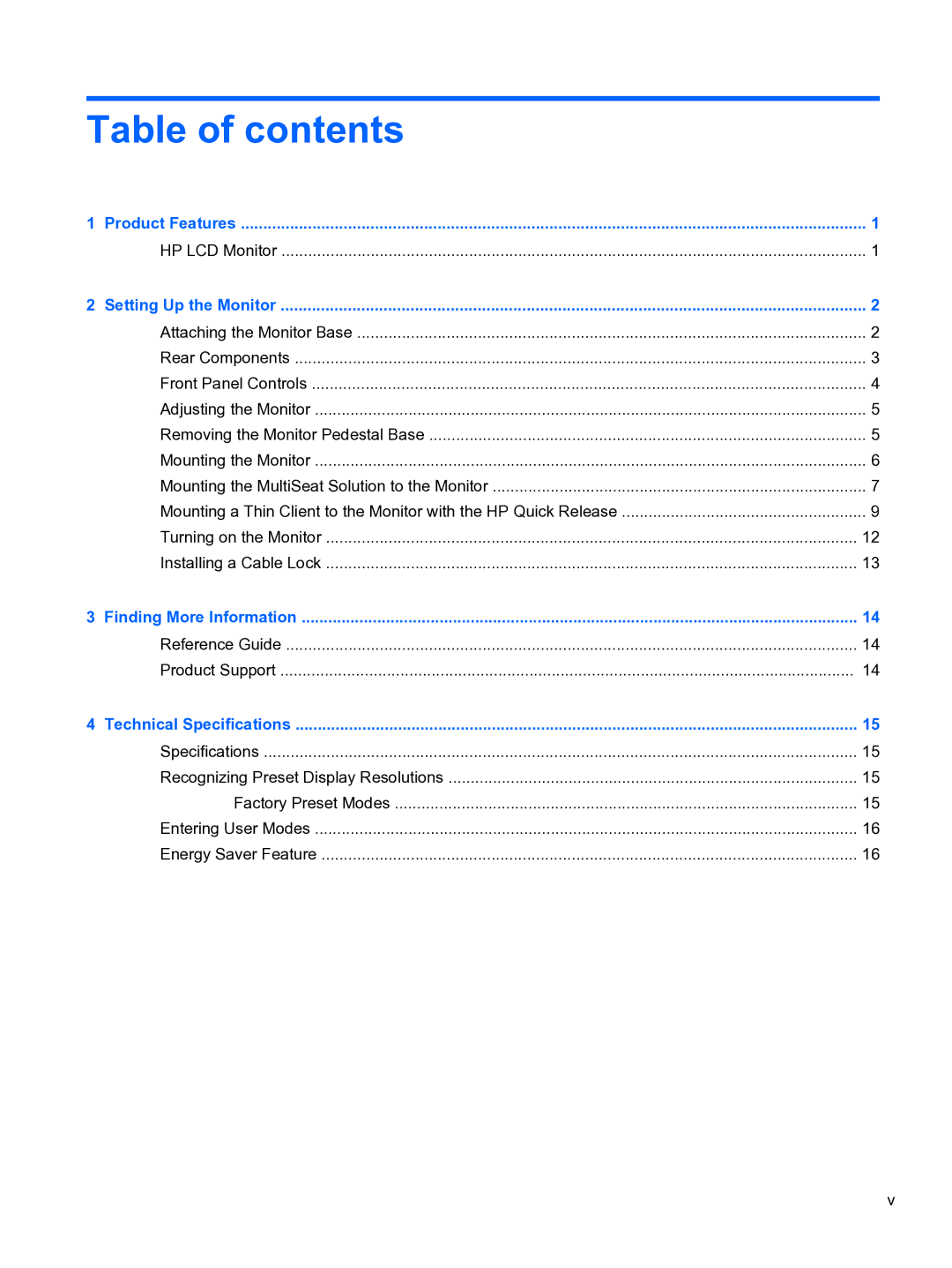 HP LE1852ms 18.5-inch manual Table of contents 