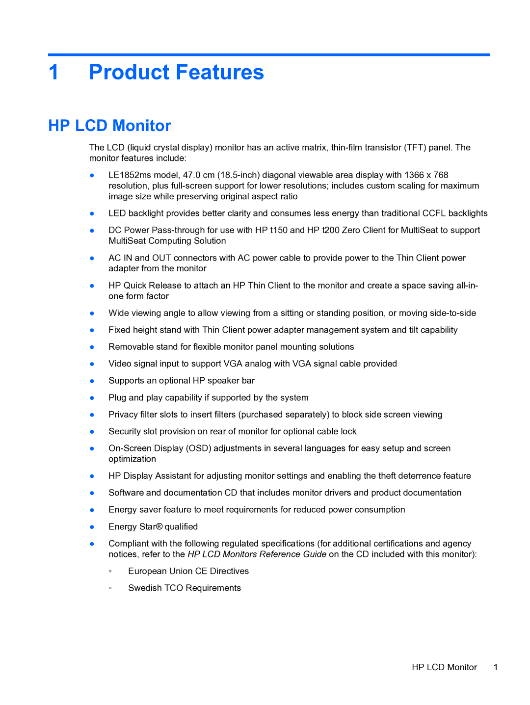 HP LE1852ms 18.5-inch manual Product Features, HP LCD Monitor 