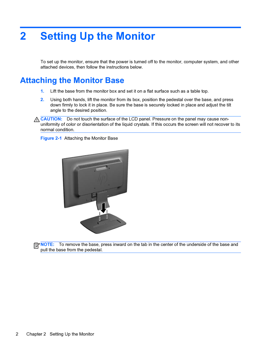 HP LE1852ms 18.5-inch manual Setting Up the Monitor, Attaching the Monitor Base 