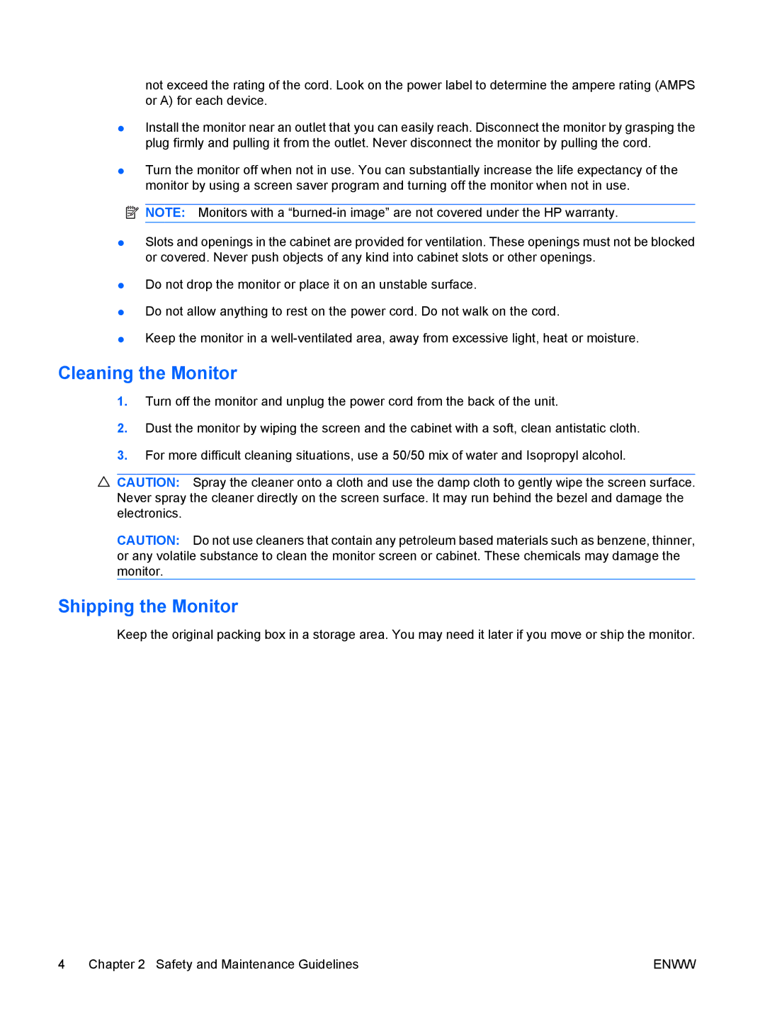 HP LE1901wi, LE1911I manual Cleaning the Monitor, Shipping the Monitor 