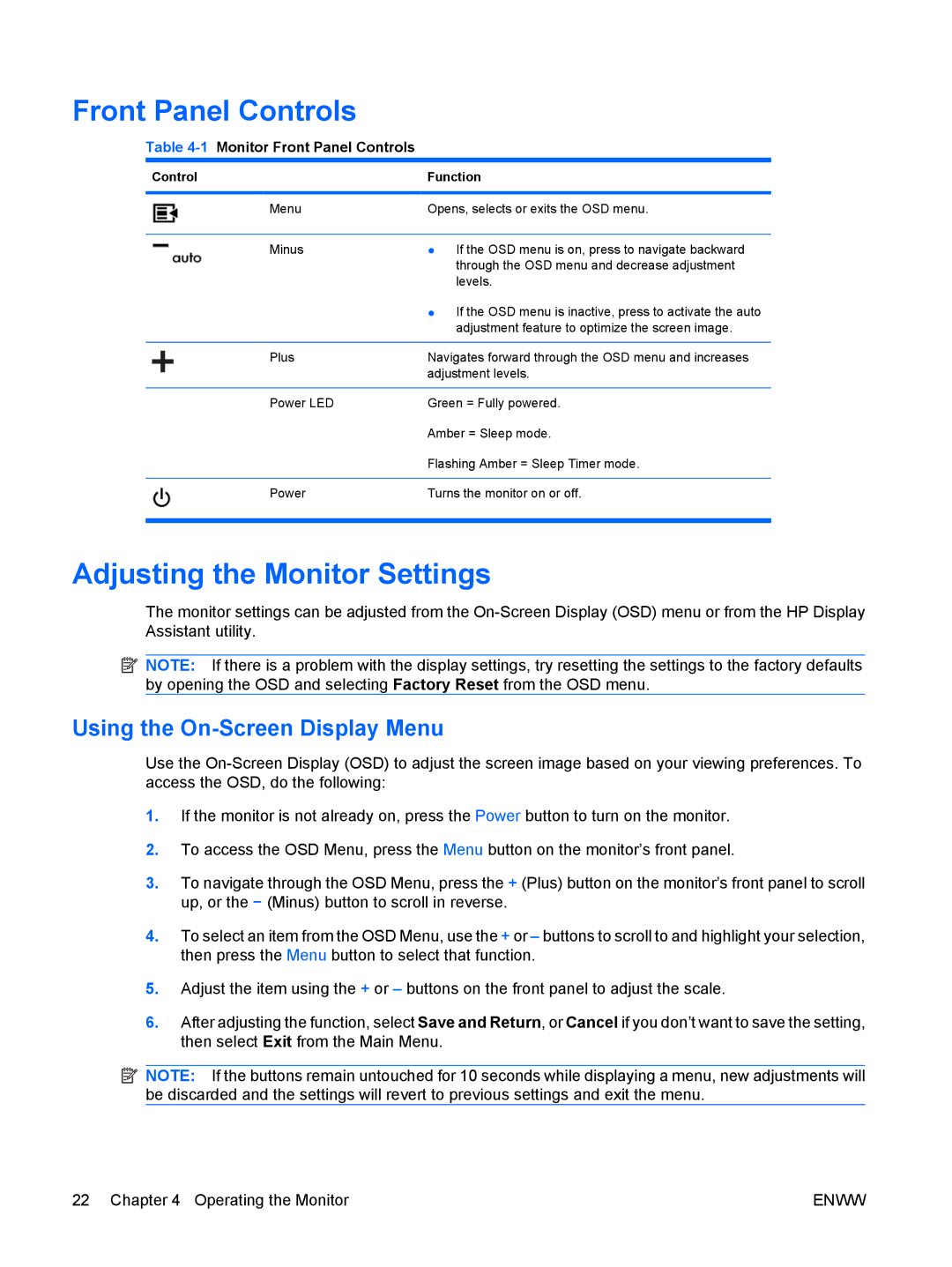 HP LE1901wi, LE1911I manual Front Panel Controls, Adjusting the Monitor Settings, Using the On-Screen Display Menu 