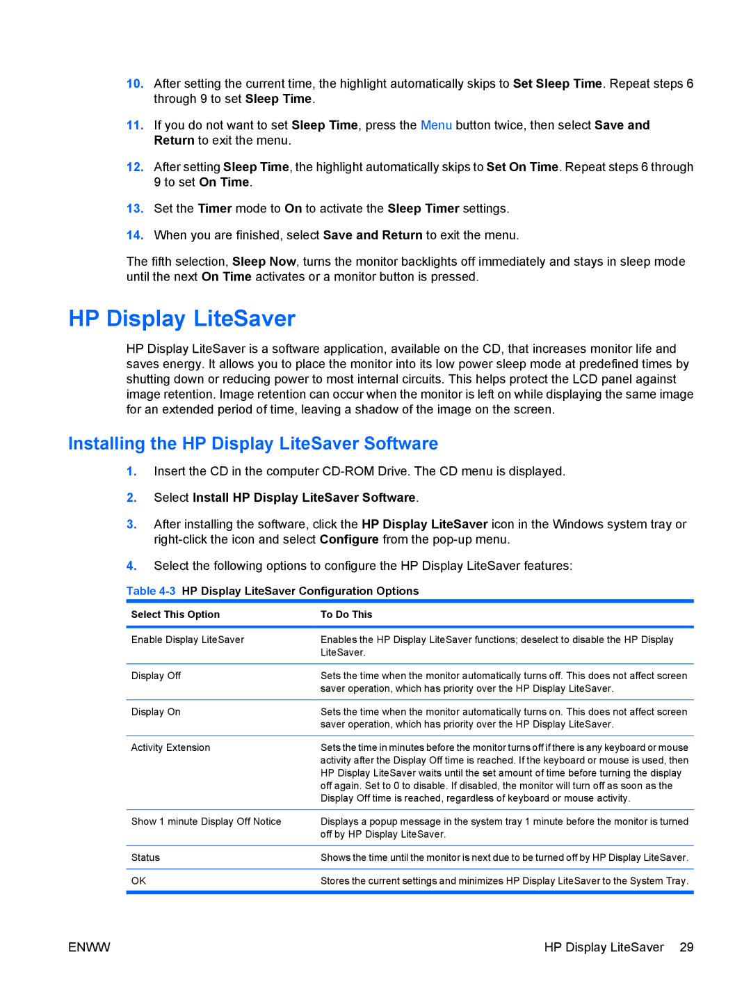 HP LE1911I, LE1901wi manual Installing the HP Display LiteSaver Software, 3HP Display LiteSaver Configuration Options 