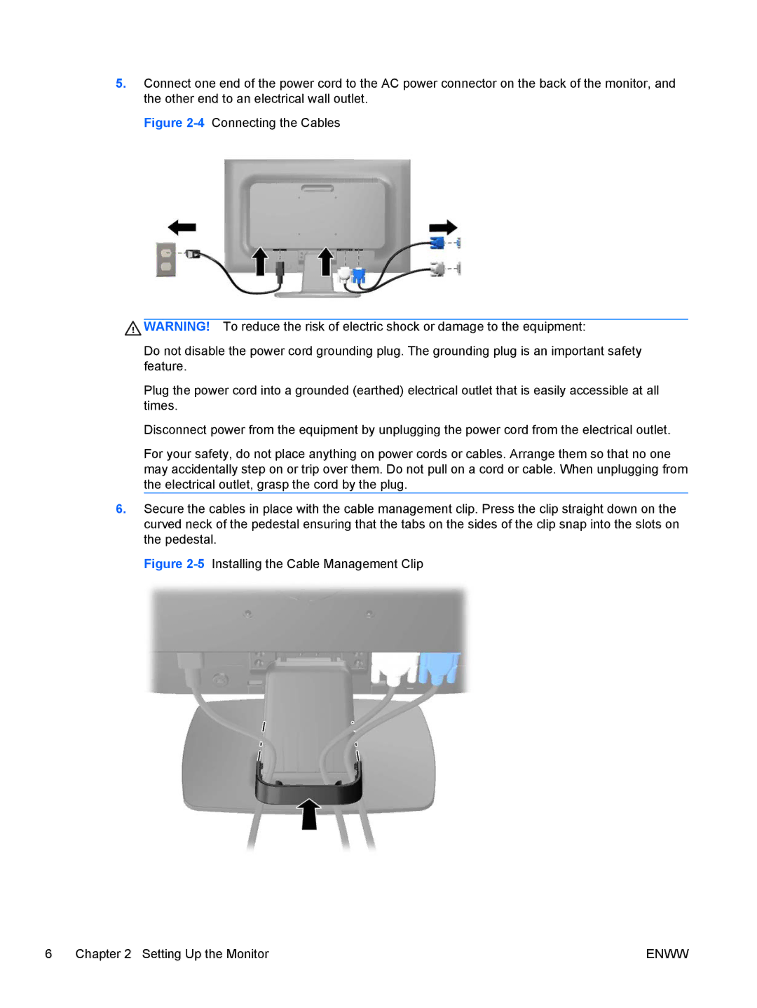 HP LE1902X, LE2002XM manual 5Installing the Cable Management Clip Setting Up the Monitor 