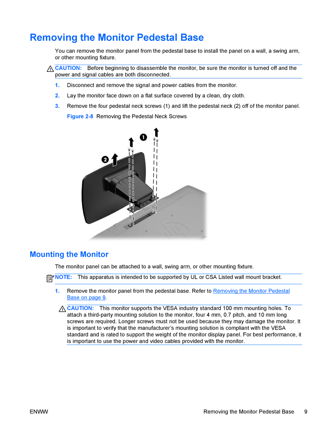 HP LE1902X, LE2002XM manual Removing the Monitor Pedestal Base, Mounting the Monitor 