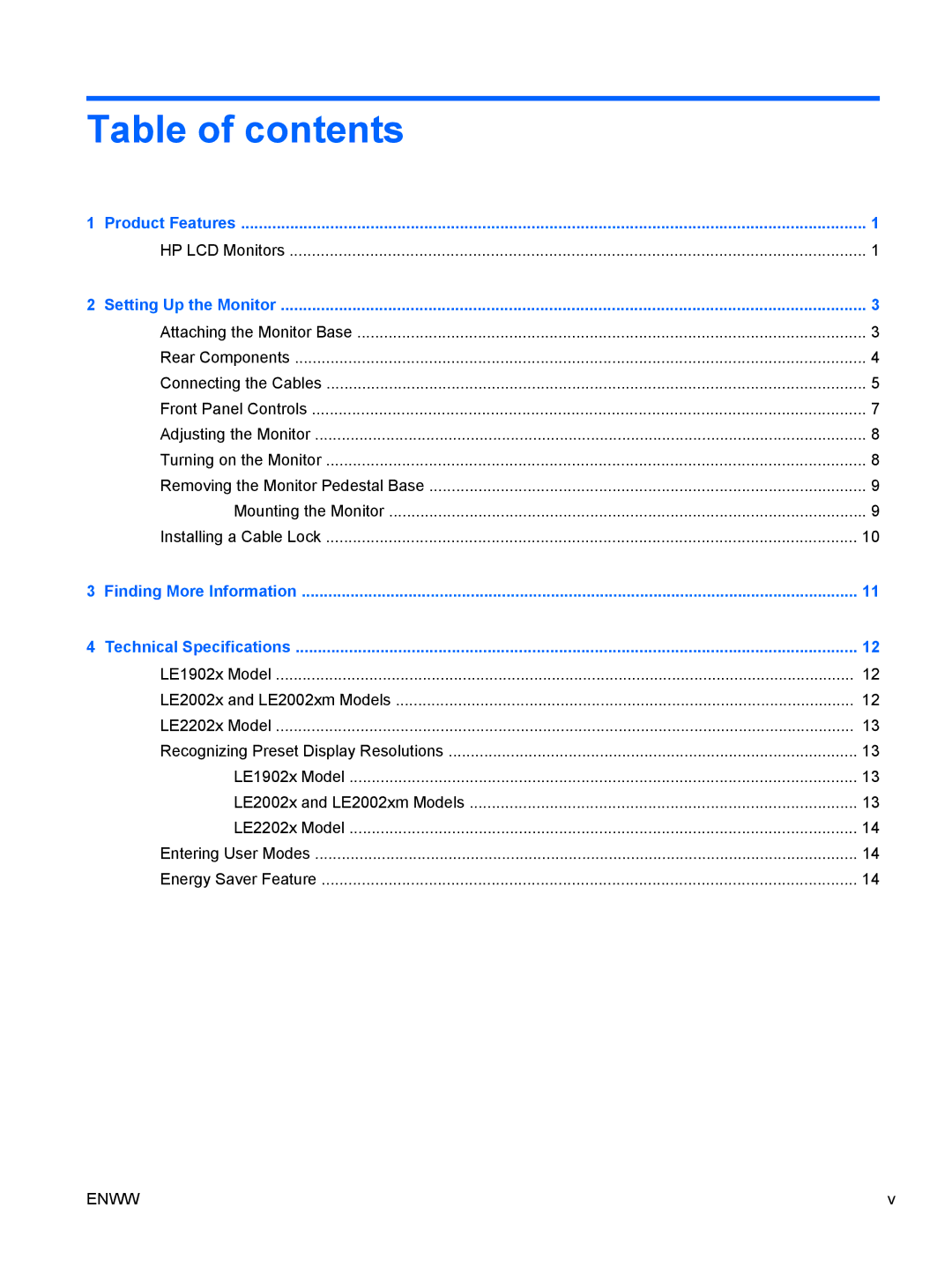 HP LE1902X, LE2002XM manual Table of contents 