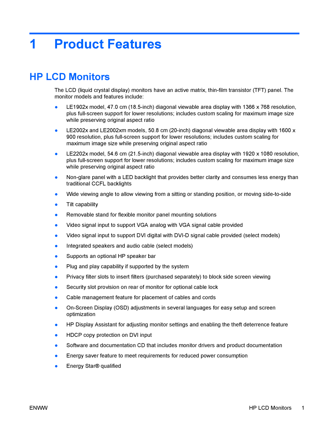 HP LE2002XM, LE1902X manual Product Features, HP LCD Monitors 